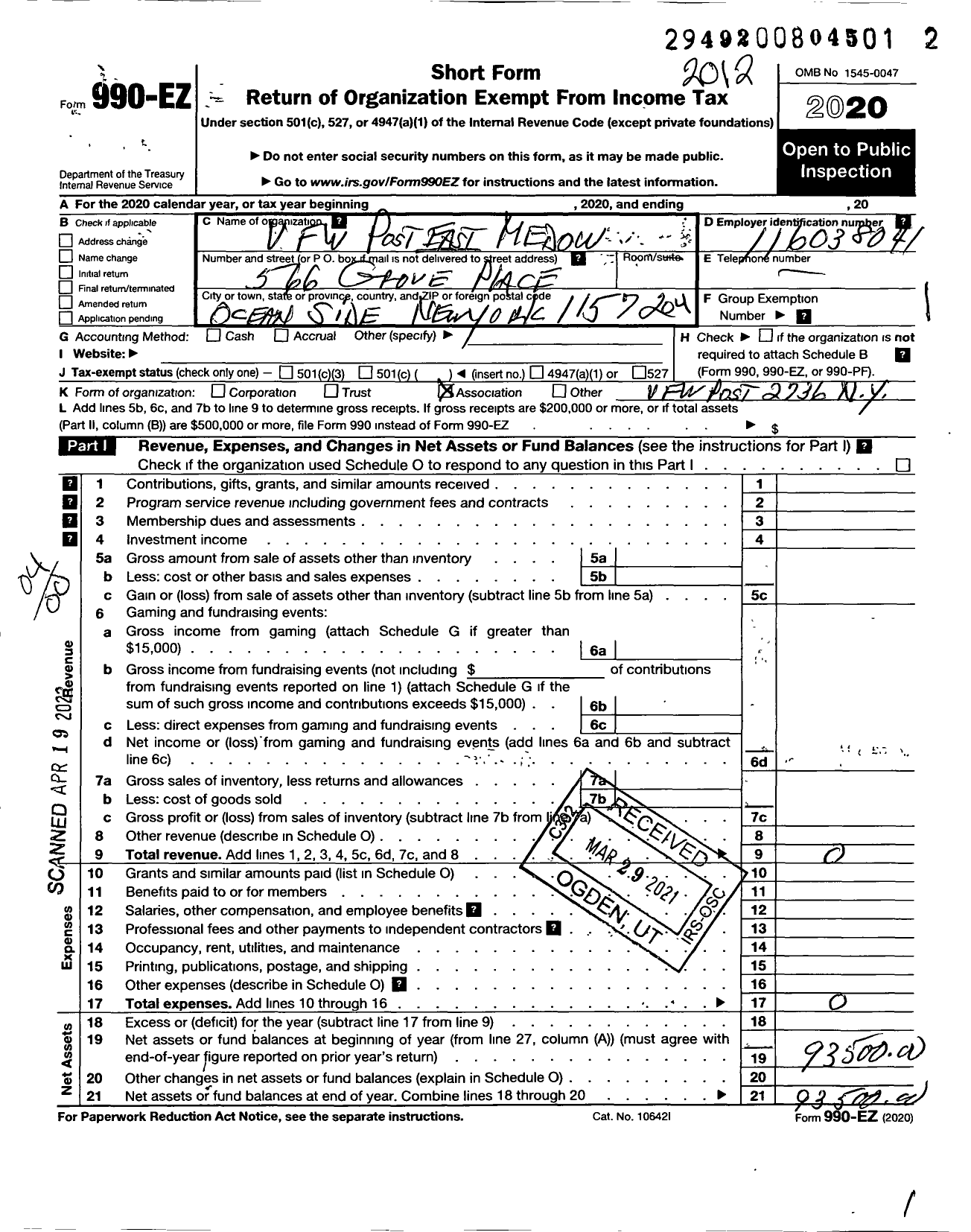 Image of first page of 2020 Form 990EO for East Meadow Overseas Veterans Memorial Association