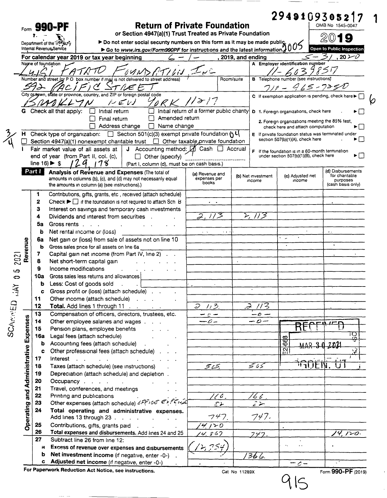 Image of first page of 2019 Form 990PF for Luigi Fatato Foundation