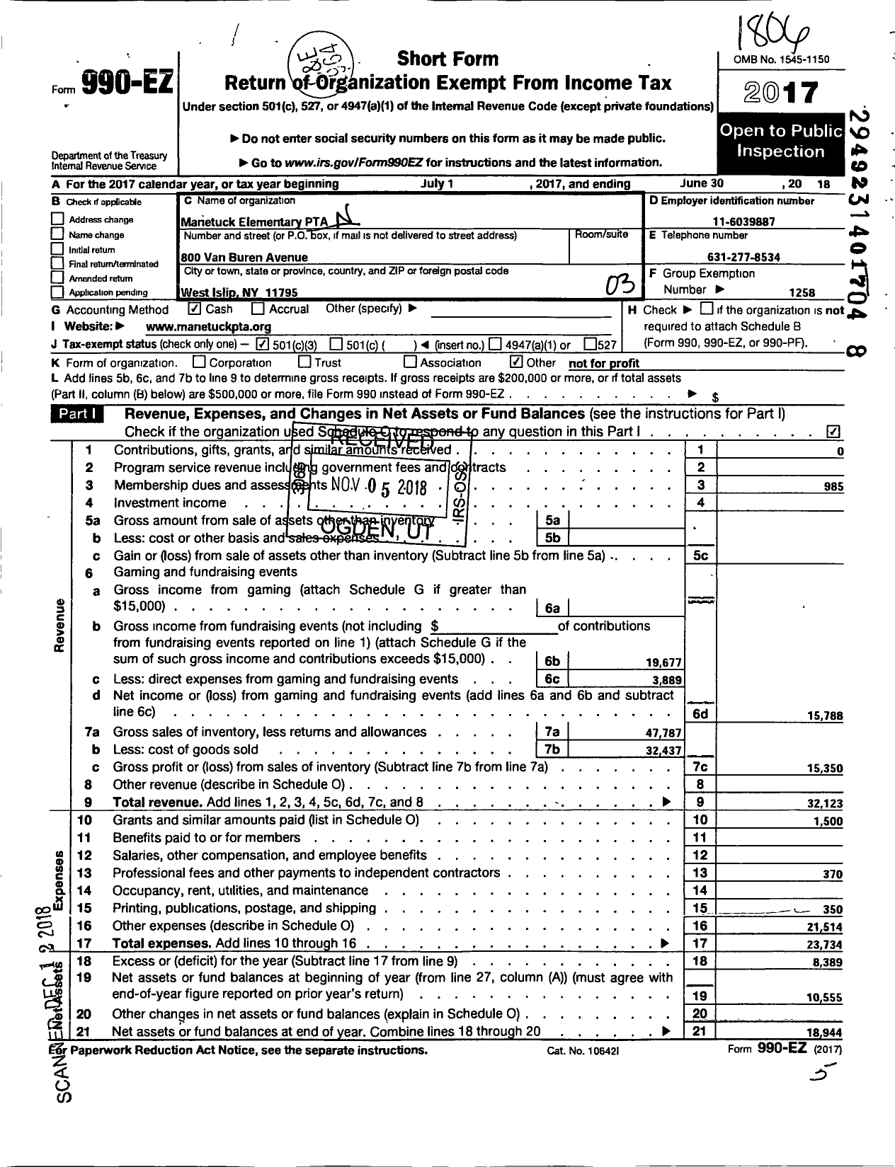 Image of first page of 2017 Form 990EZ for New York State PTA - 05-080 Manetuck Elementary PTA