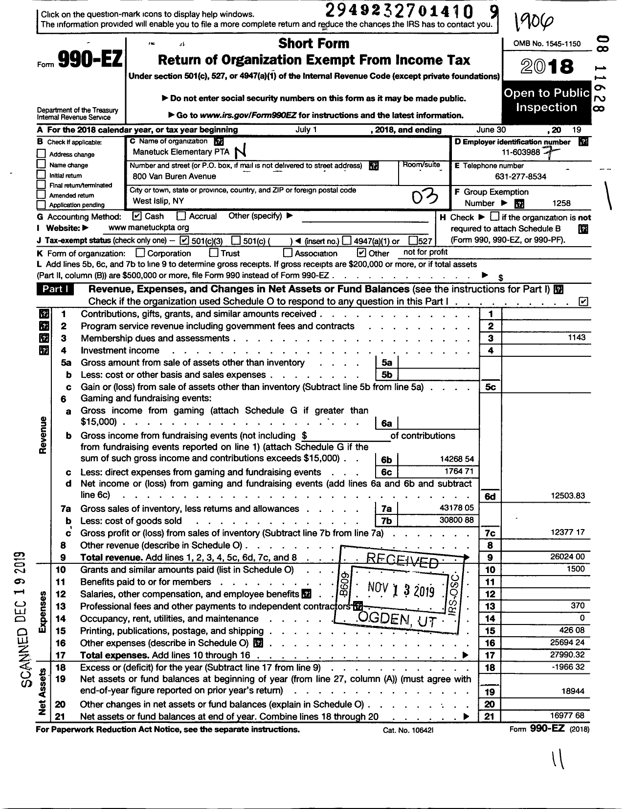 Image of first page of 2018 Form 990EZ for New York State PTA - 05-080 Manetuck Elementary PTA