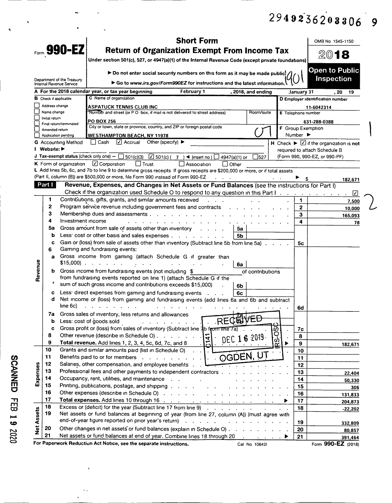 Image of first page of 2018 Form 990EO for Aspatuck Tennis Club