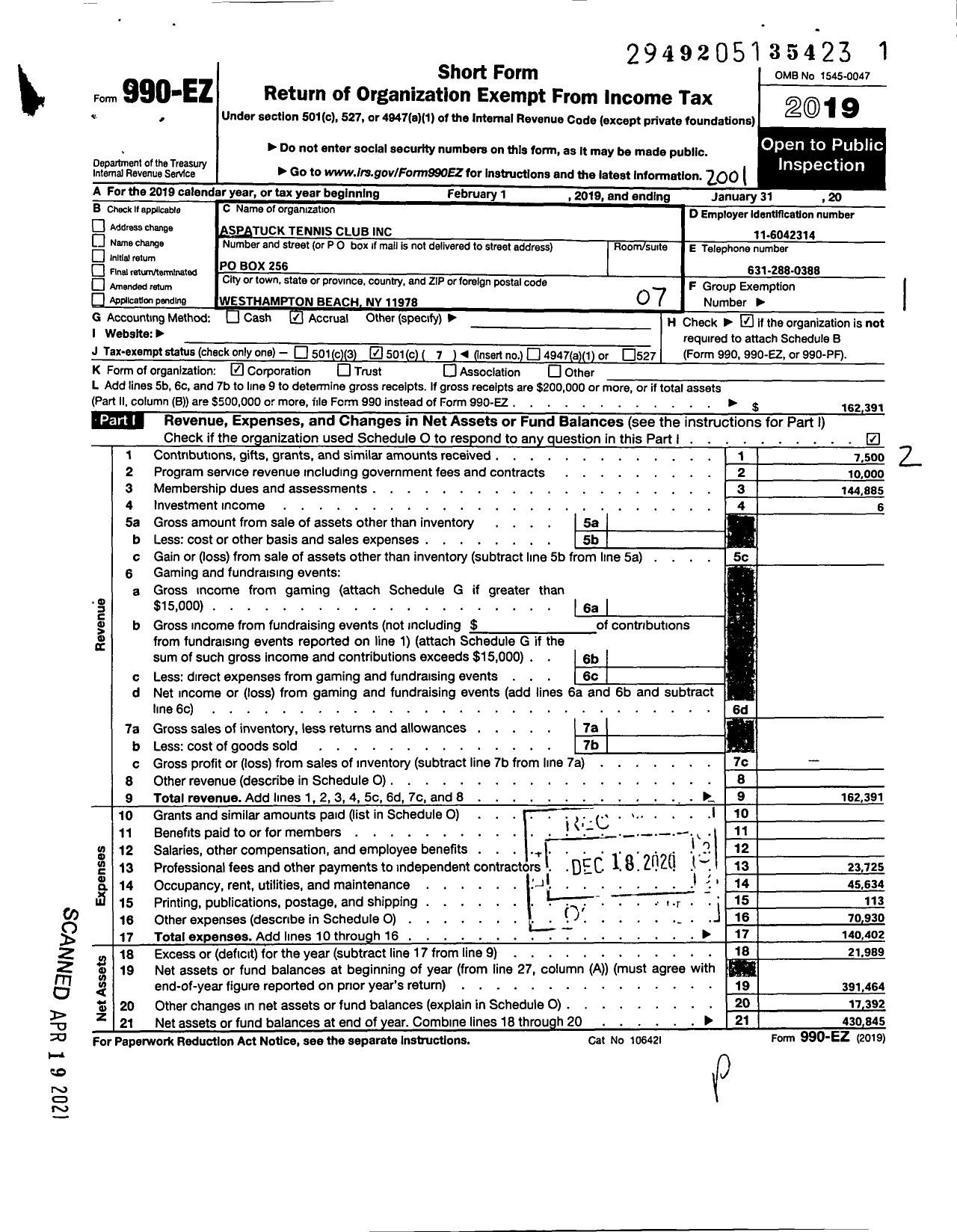 Image of first page of 2019 Form 990EO for Aspatuck Tennis Club