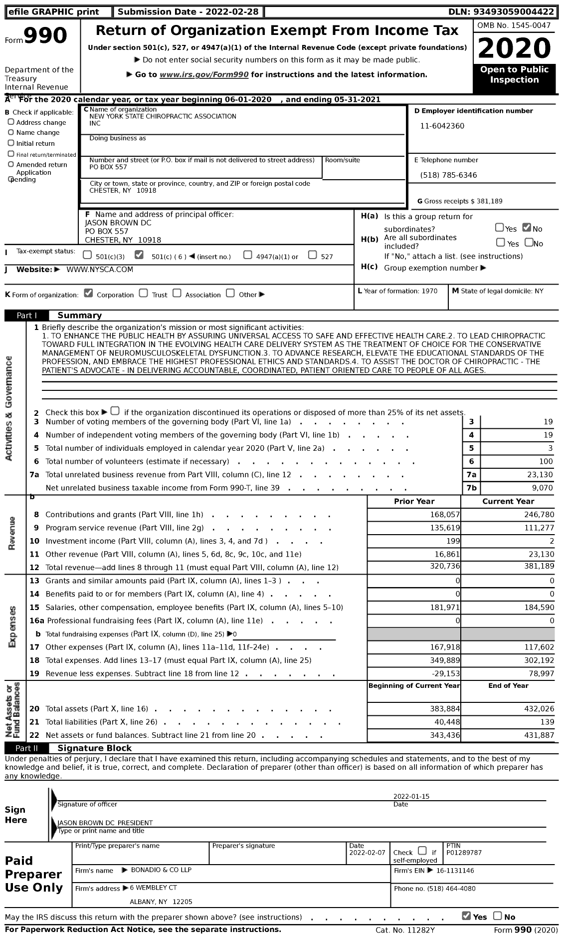 Image of first page of 2020 Form 990 for New York State Chiropractic Association