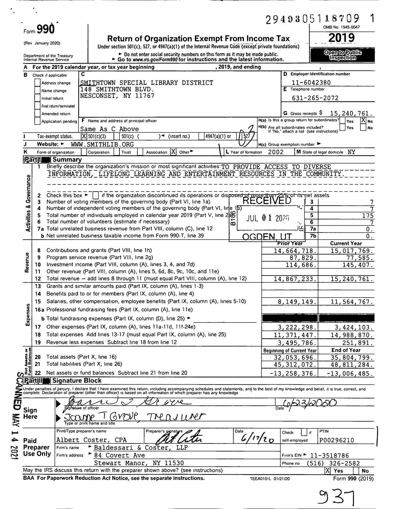 Image of first page of 2019 Form 990 for The Smithtown Library