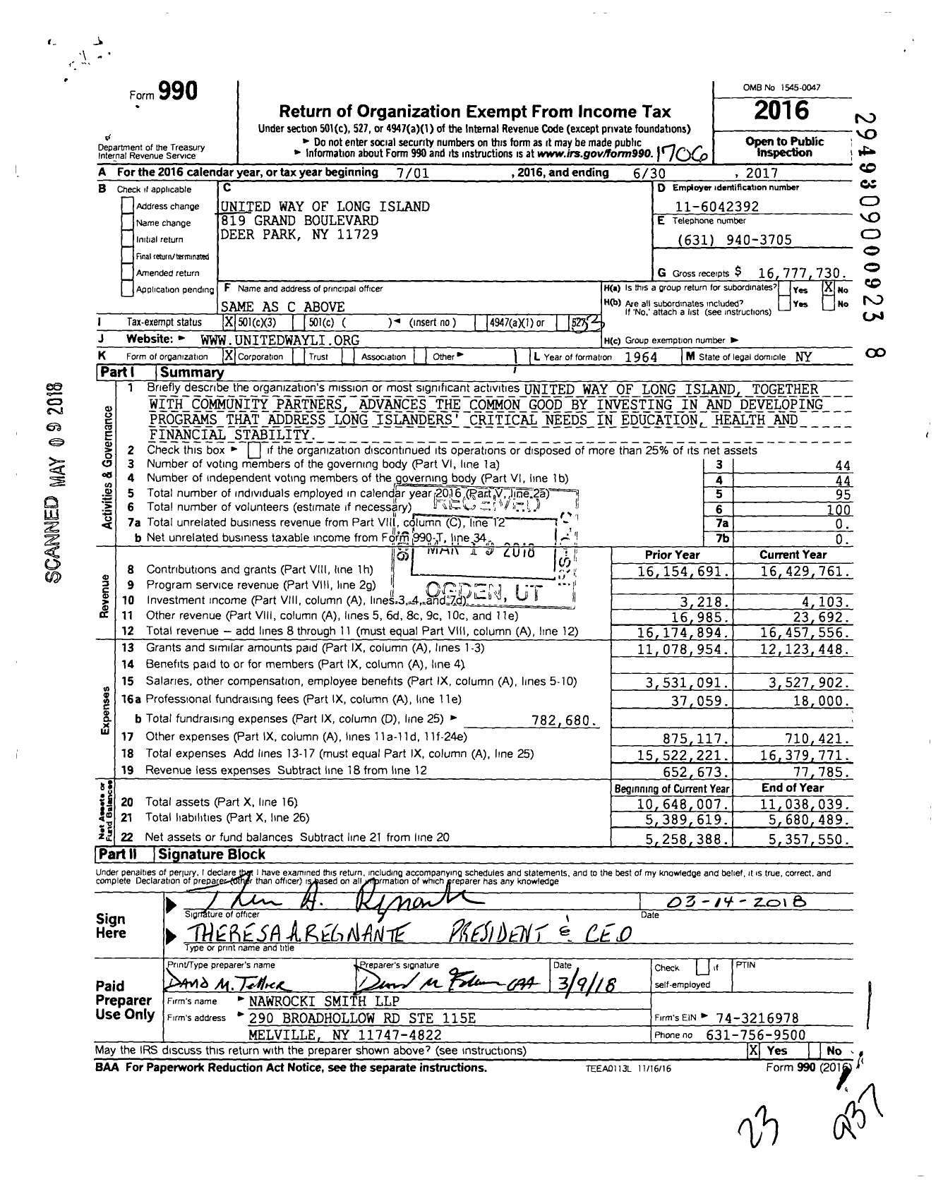 Image of first page of 2016 Form 990 for United Way of Long Island