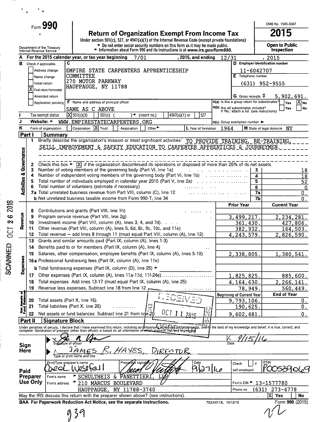 Image of first page of 2015 Form 990 for Empire State Carpenters Apprenticeship Committee