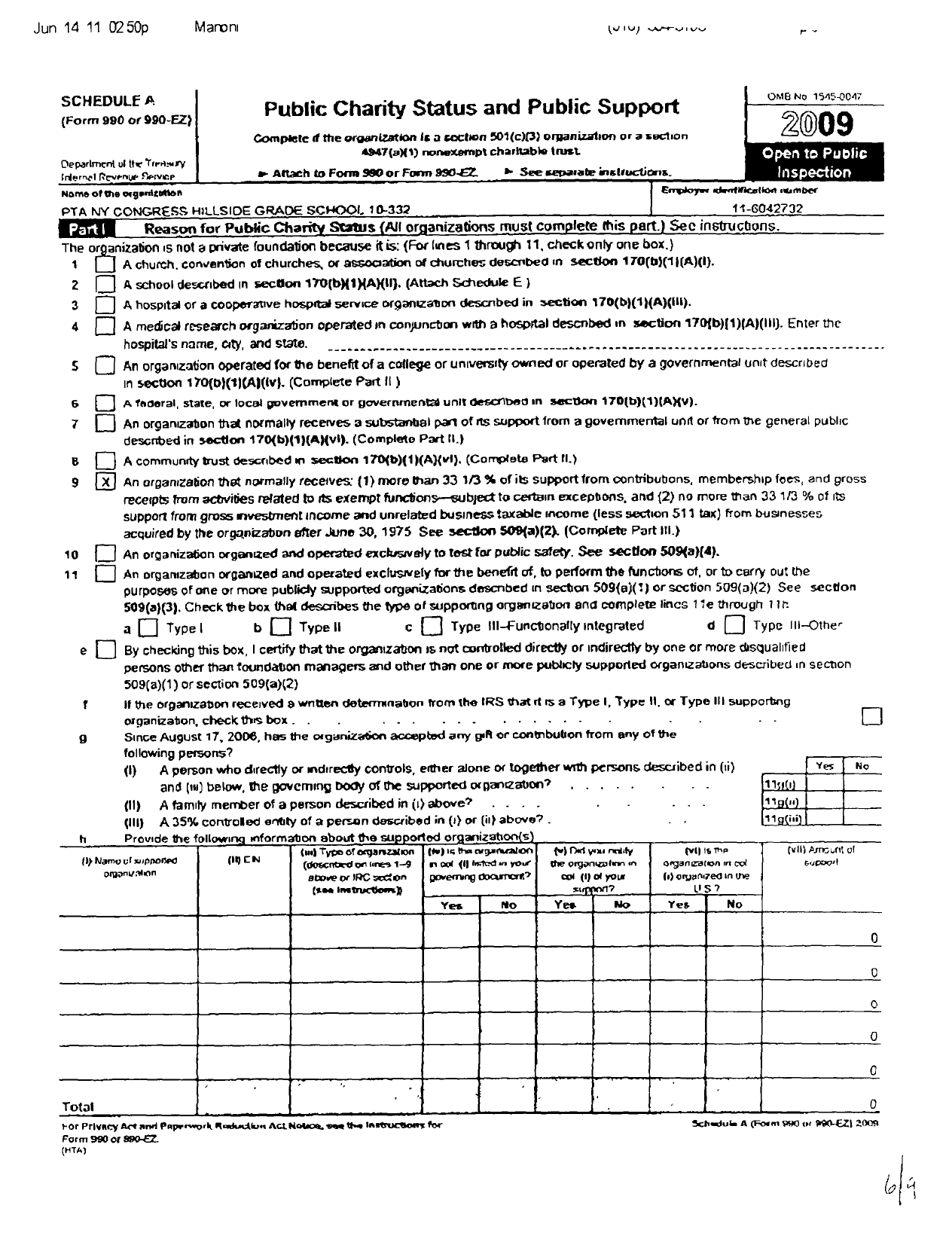 Image of first page of 2009 Form 990ER for New York State PTA - 10-332 Hillside Grade School PTA