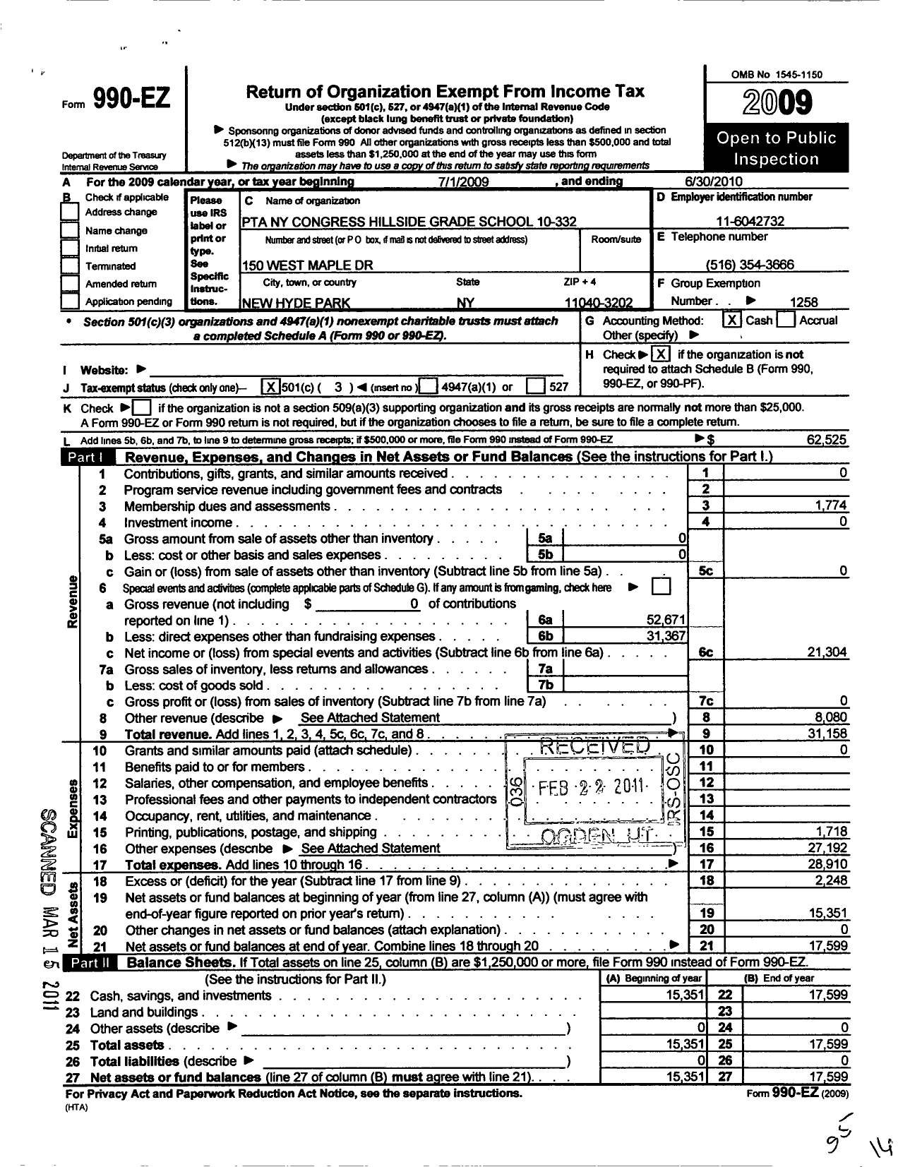 Image of first page of 2009 Form 990EZ for New York State PTA - 10-332 Hillside Grade School PTA