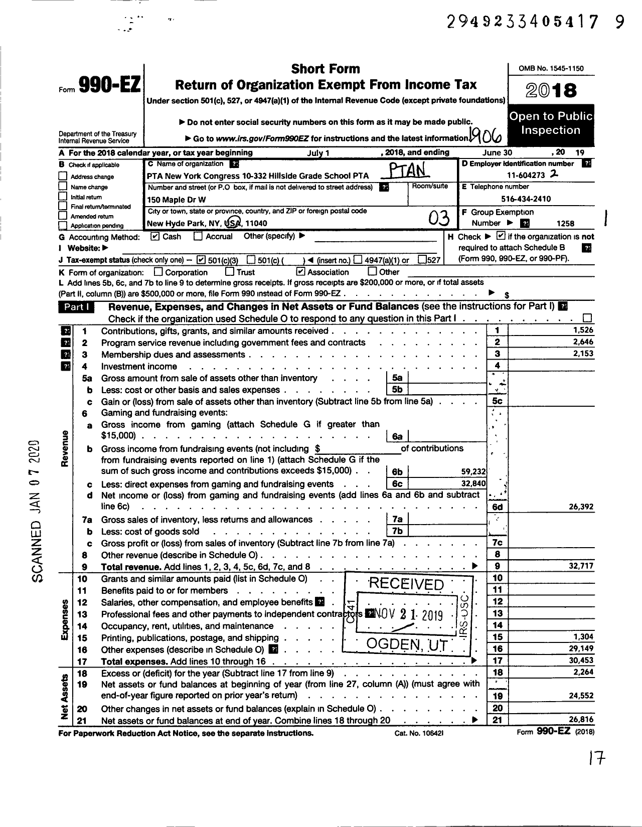 Image of first page of 2018 Form 990EZ for New York State PTA - 10-332 Hillside Grade School PTA