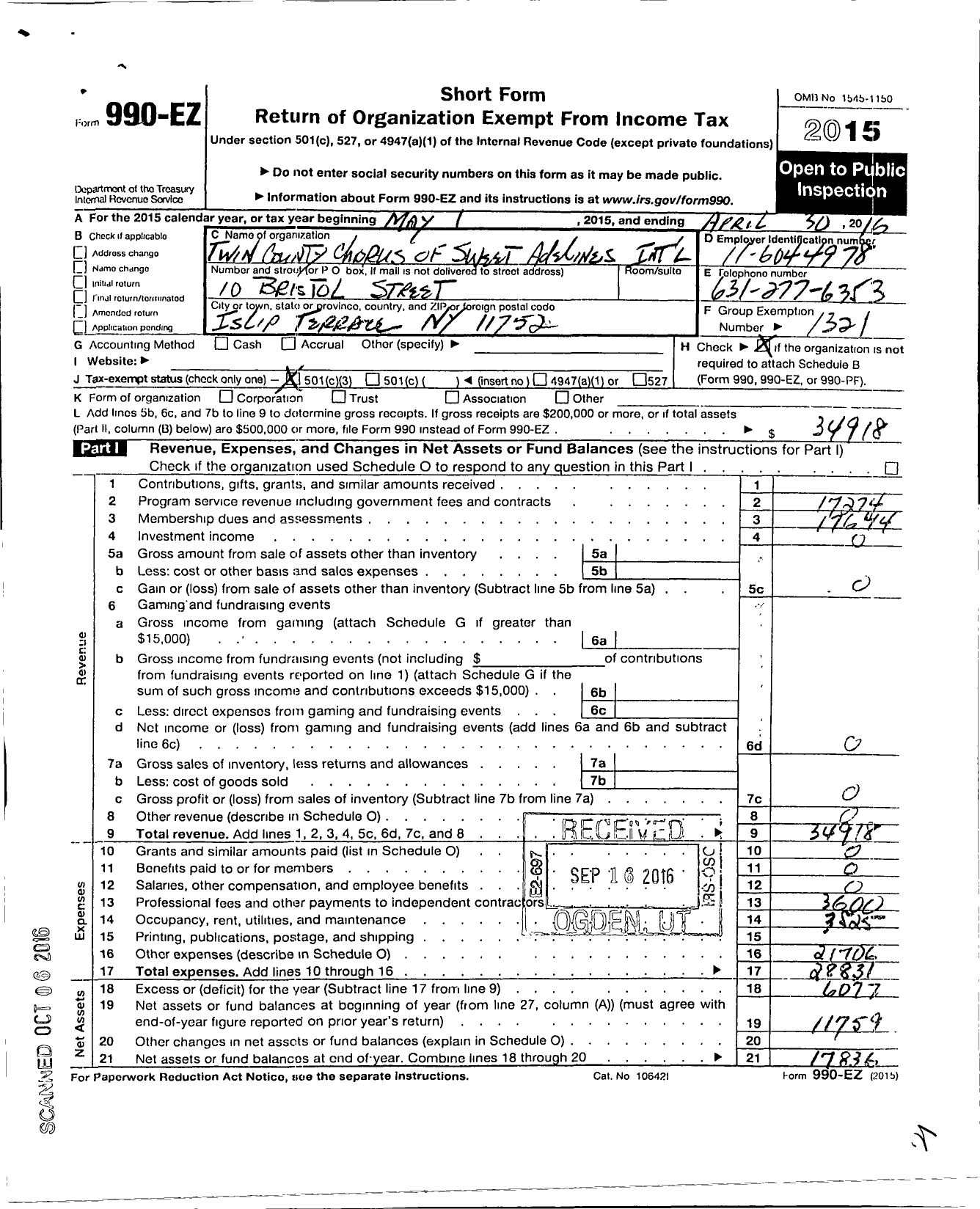 Image of first page of 2015 Form 990EZ for Sweet Adelines International - Twin County