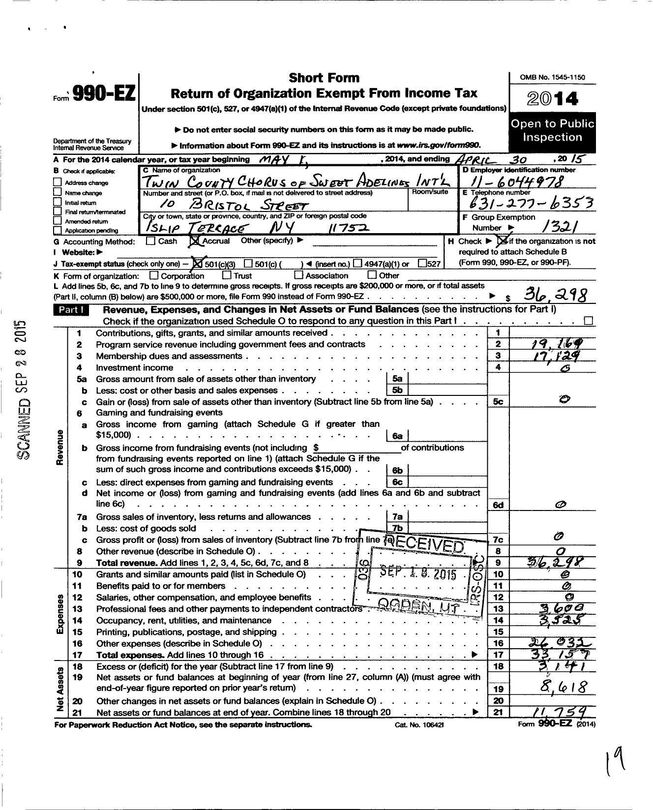 Image of first page of 2014 Form 990EZ for Sweet Adelines International - Twin County