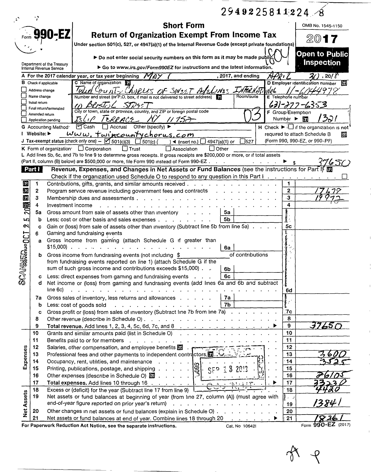 Image of first page of 2017 Form 990EZ for Sweet Adelines International - Twin County