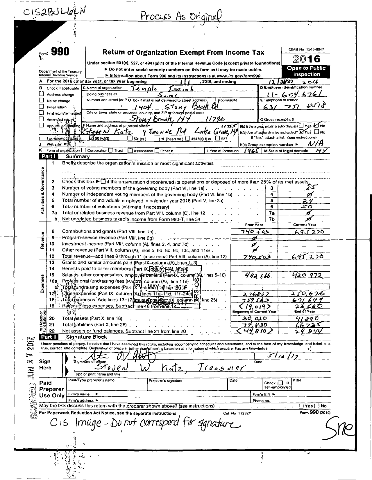 Image of first page of 2016 Form 990 for Temple Isaiah