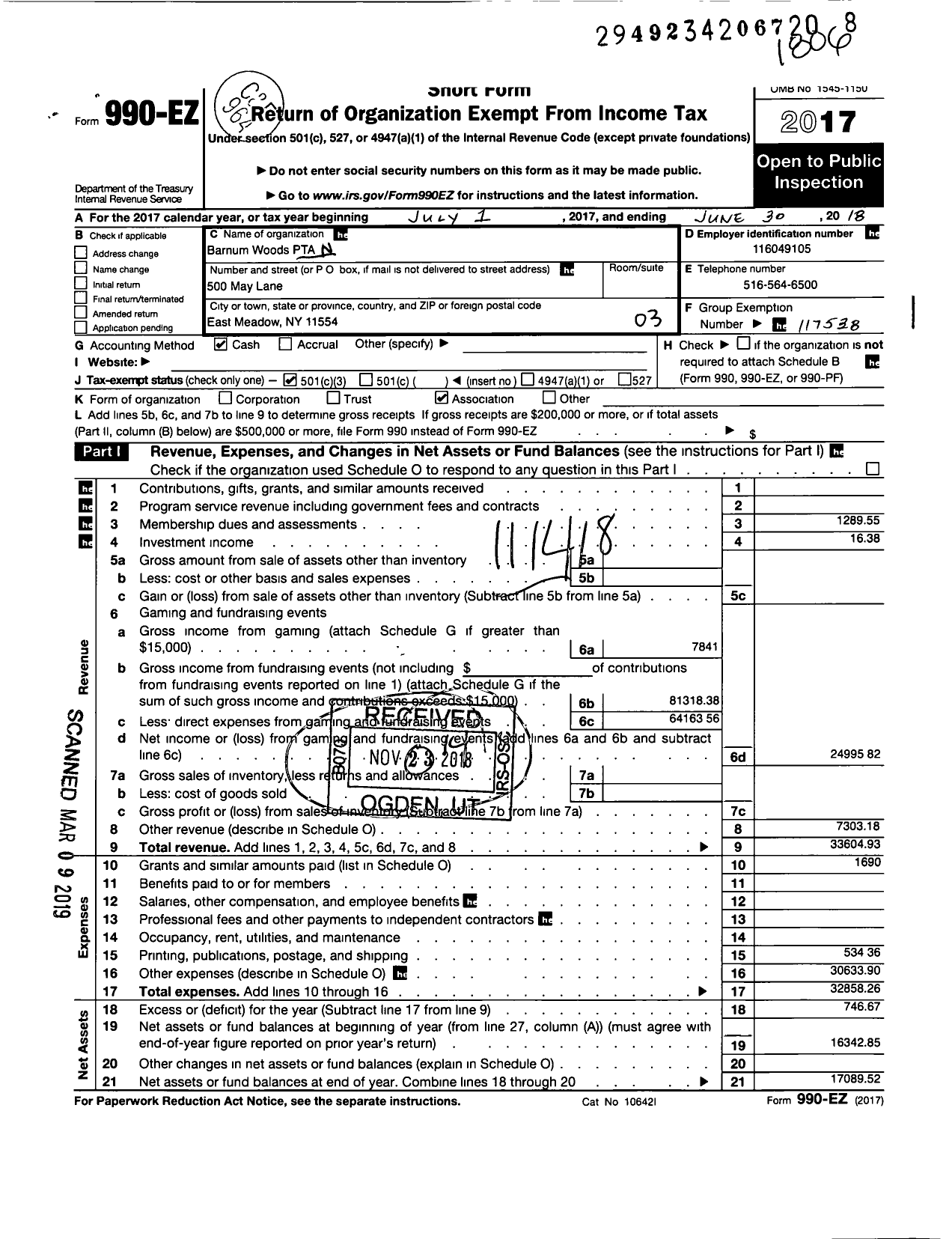 Image of first page of 2017 Form 990EZ for NEW YORK State PTA - 10-215 Barnum Woods PTA