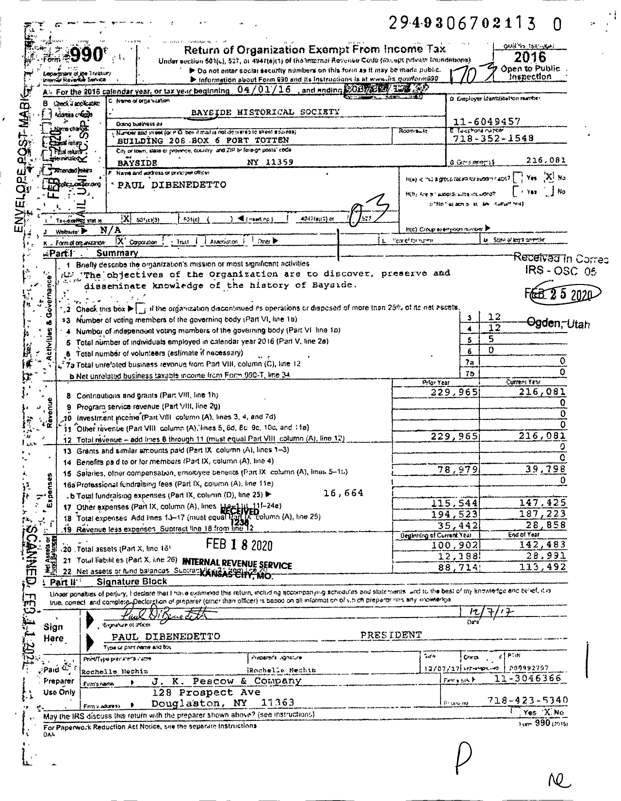 Image of first page of 2016 Form 990 for Bayside Historical Society