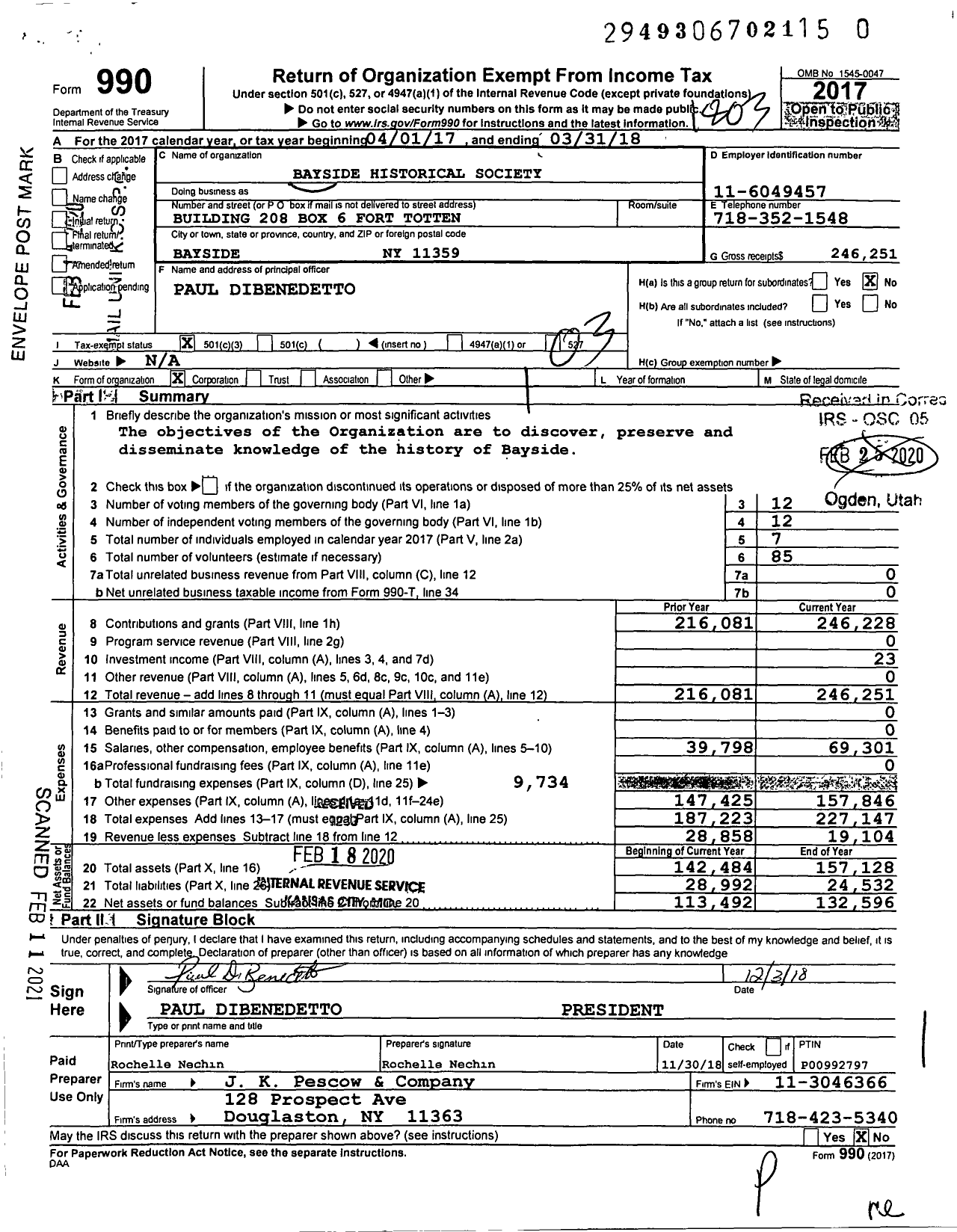 Image of first page of 2017 Form 990 for Bayside Historical Society