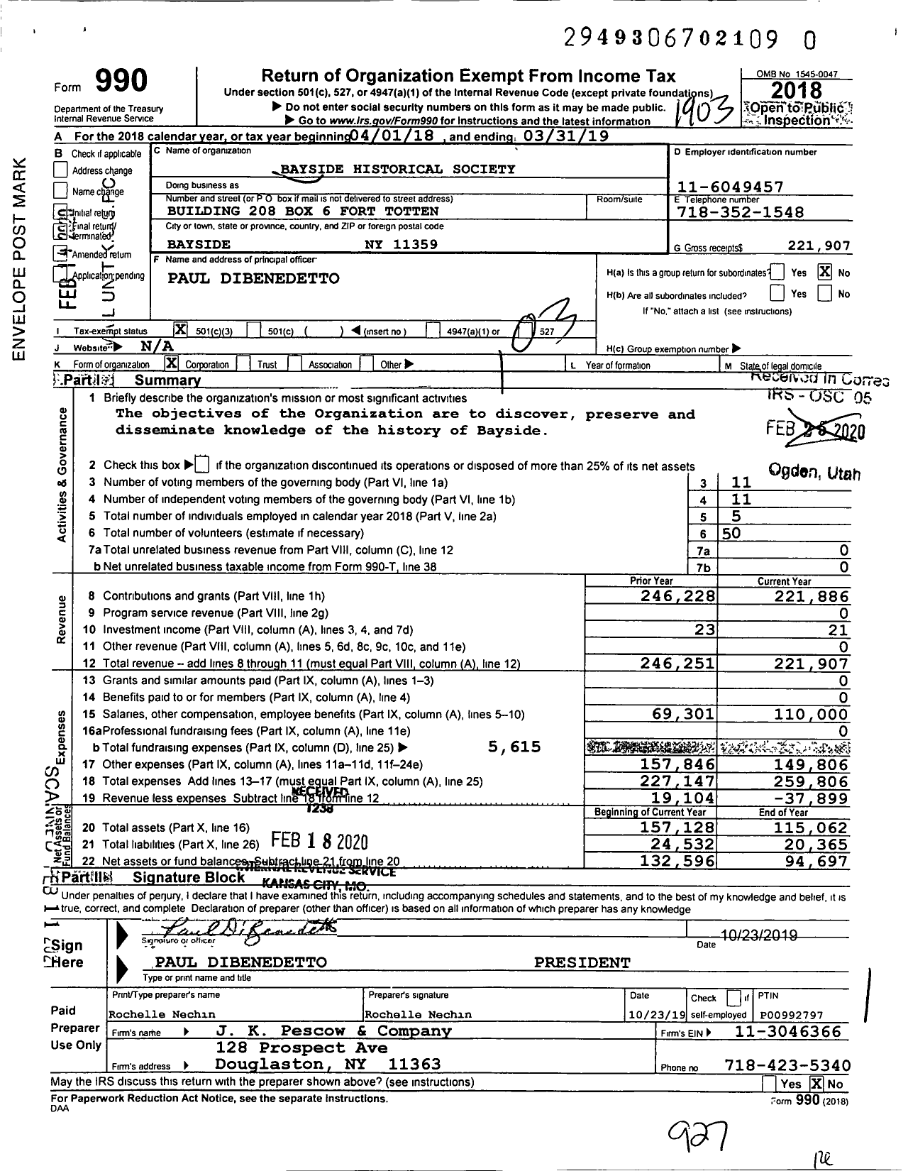 Image of first page of 2018 Form 990 for Bayside Historical Society