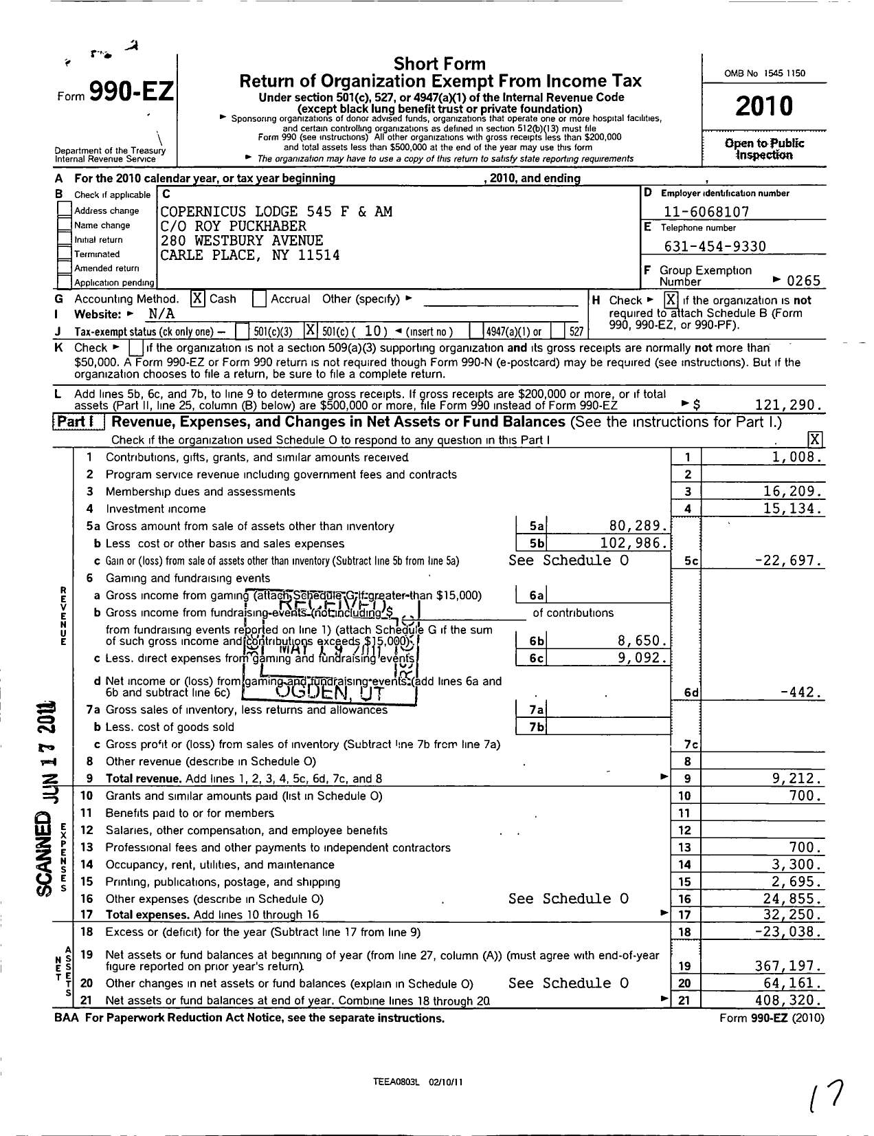 Image of first page of 2010 Form 990EO for Free and Accepted Masons of New York - 545 Copernicus Lodge F&am