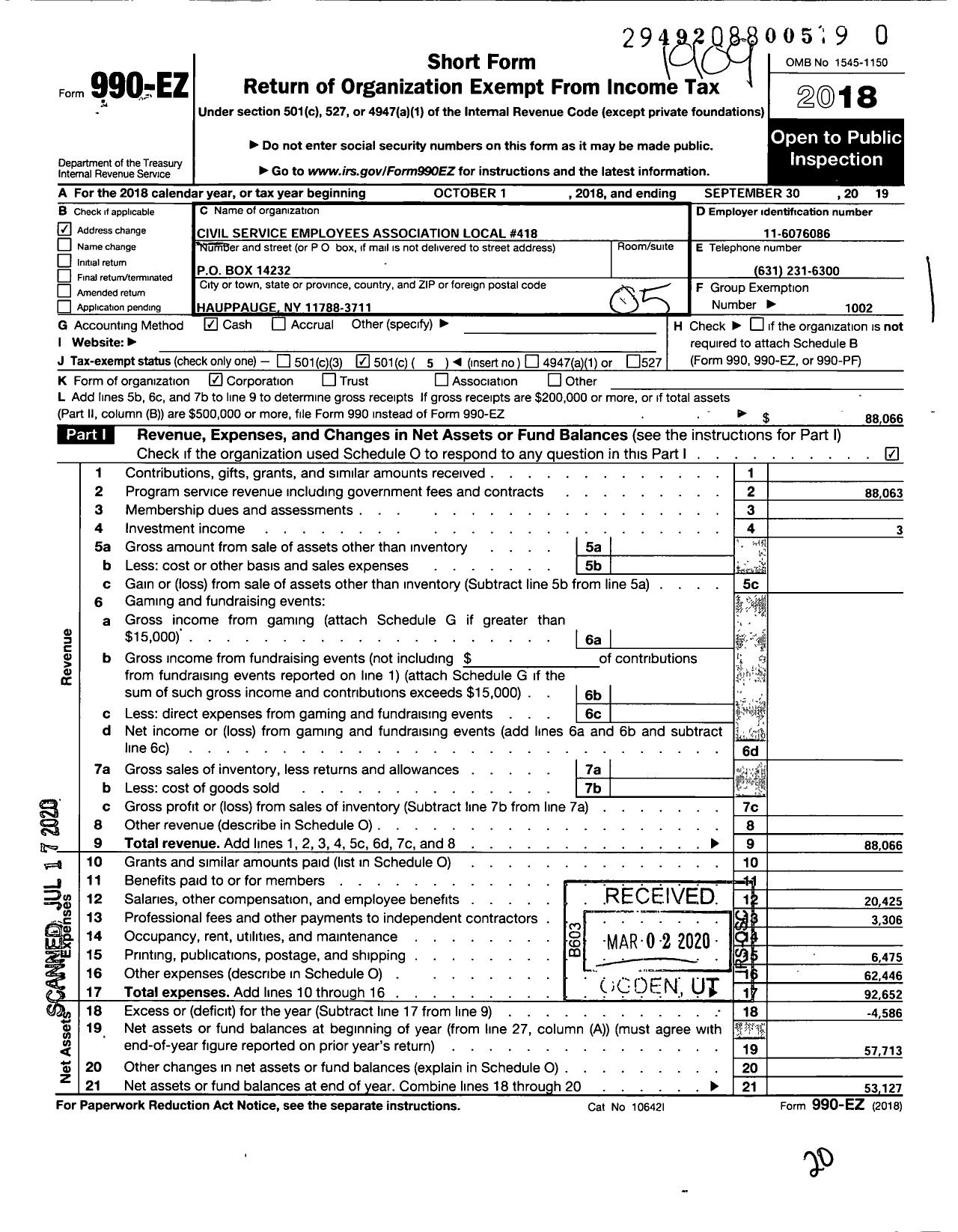 Image of first page of 2018 Form 990EO for Civil Service Employees Association - 0418 Pilgrim Psychiatric Center