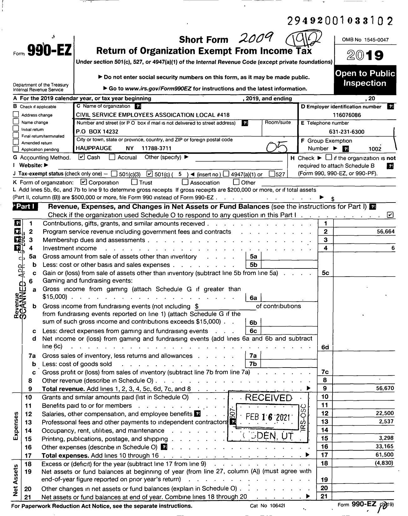 Image of first page of 2019 Form 990EO for Civil Service Employees Association - 0418 Pilgrim Psychiatric Center