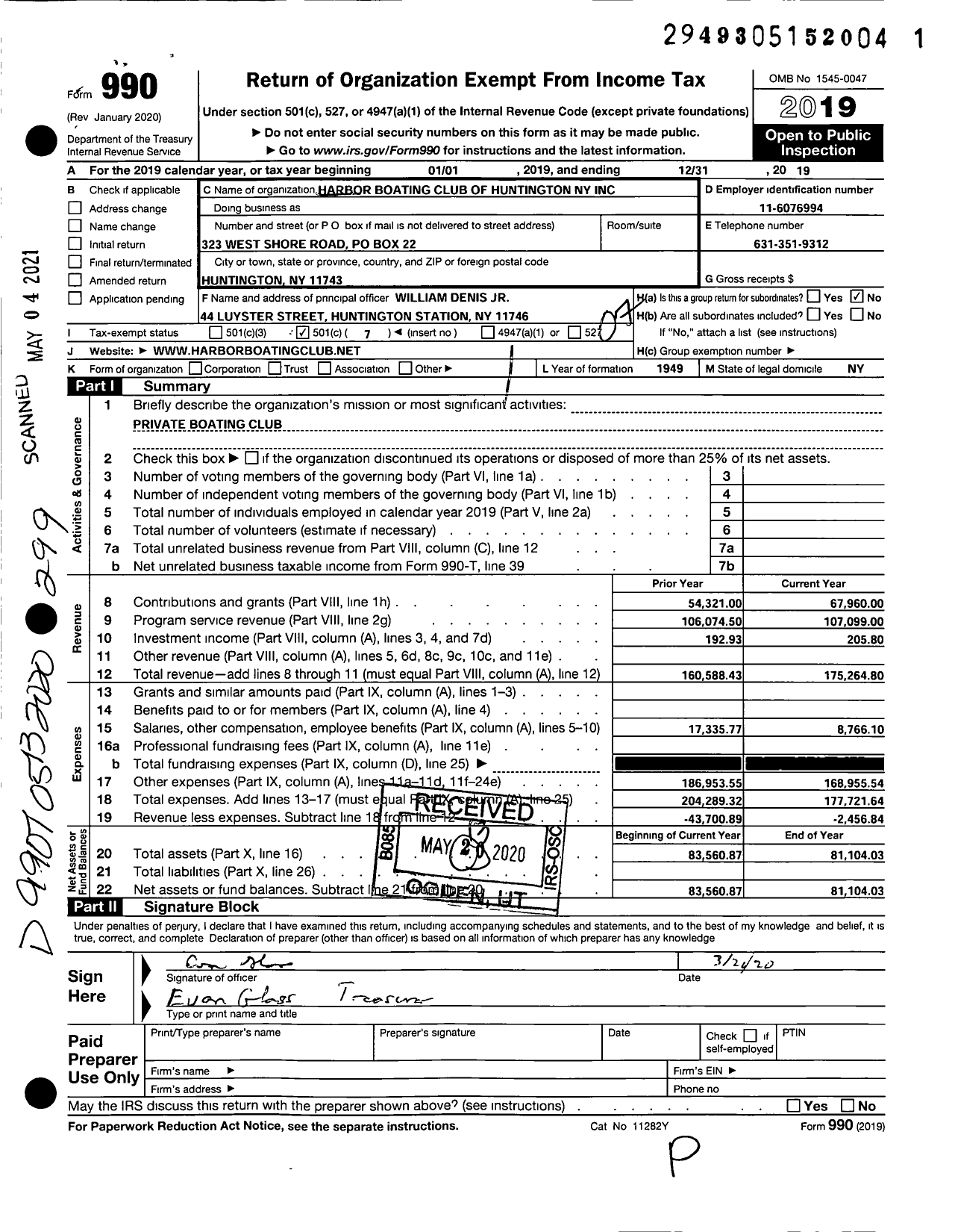 Image of first page of 2019 Form 990O for Harbor Boating Club of Huntington Ny