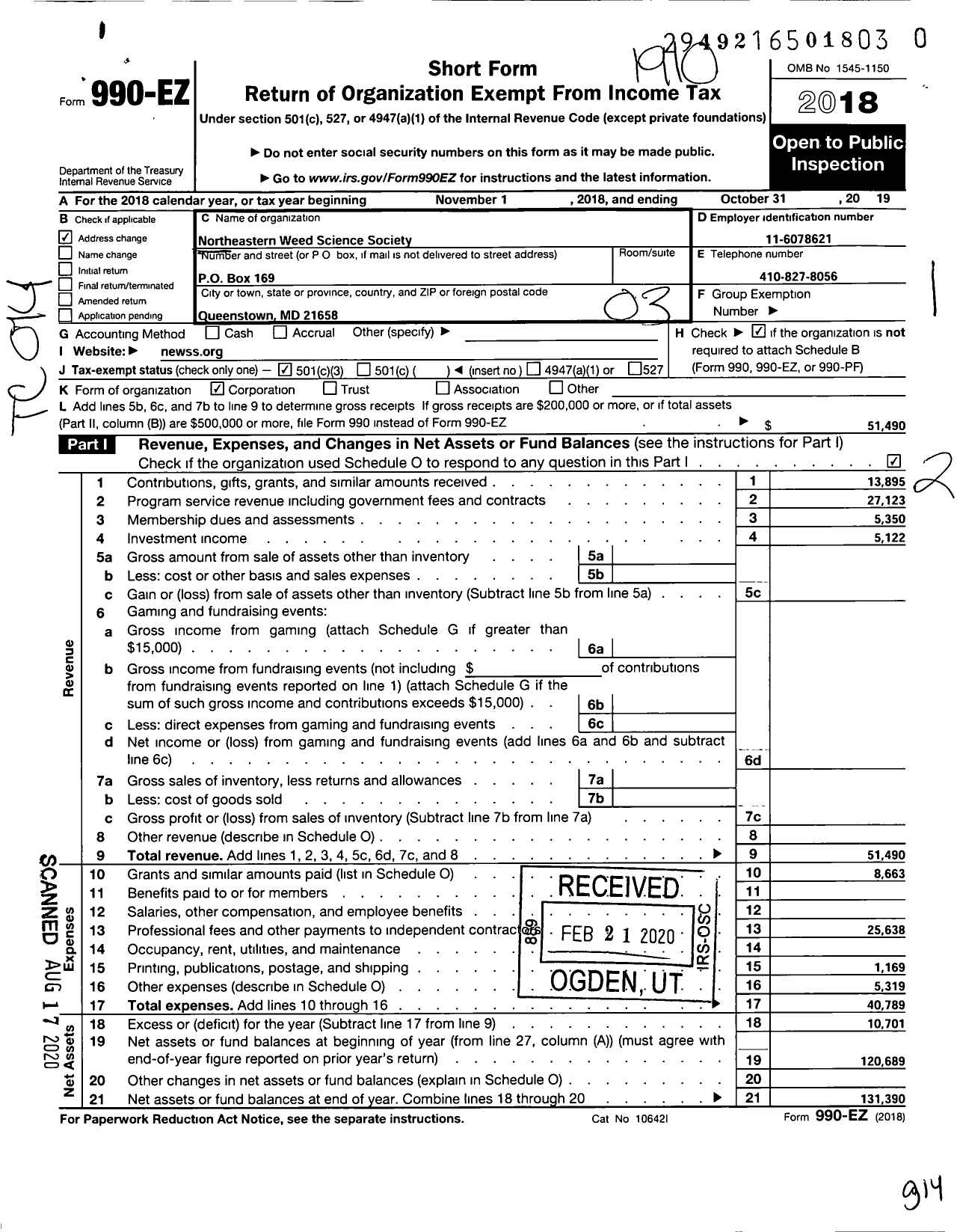 Image of first page of 2018 Form 990EZ for Northeastern Weed Science Society