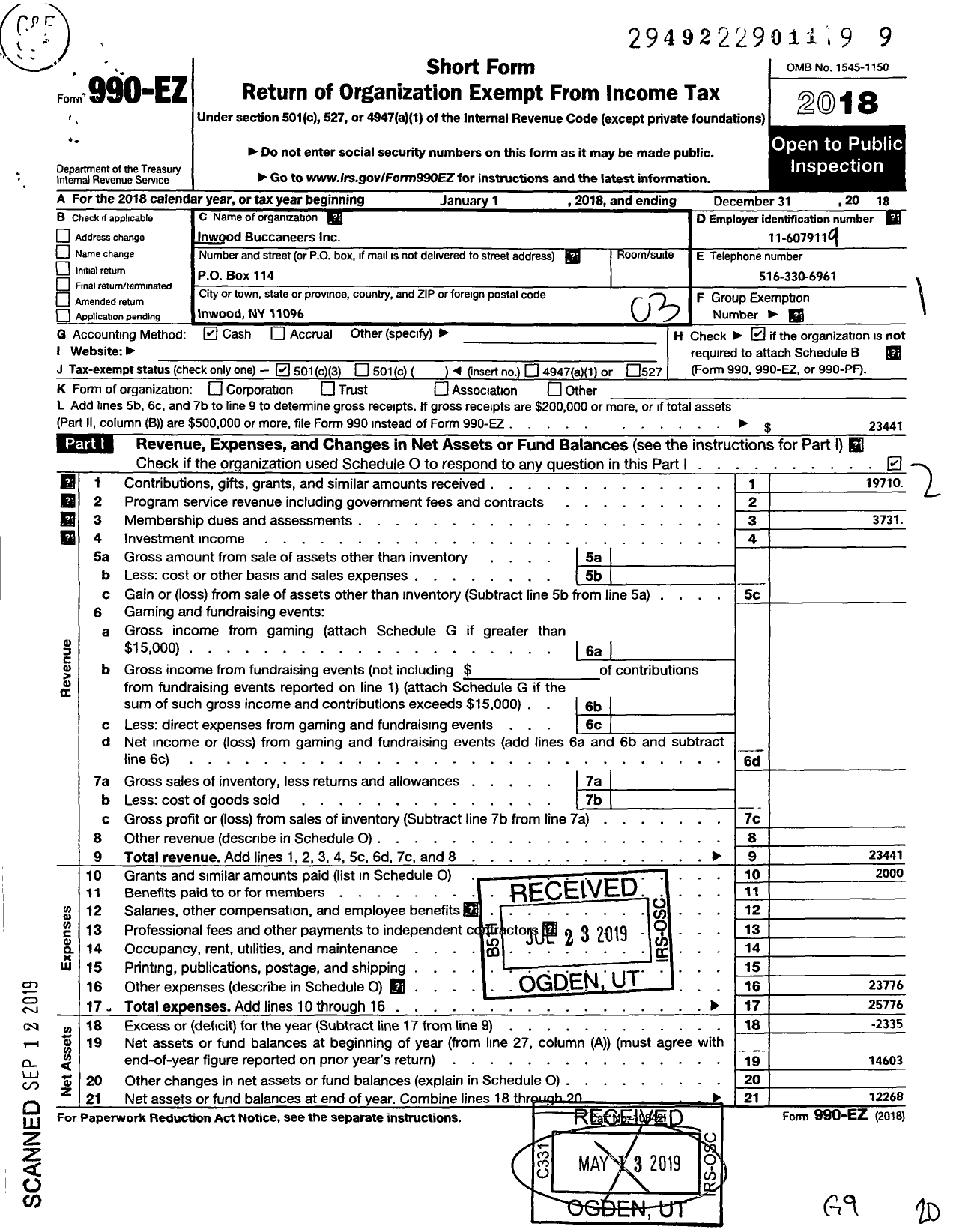 Image of first page of 2018 Form 990EZ for Inwood Buccaneers