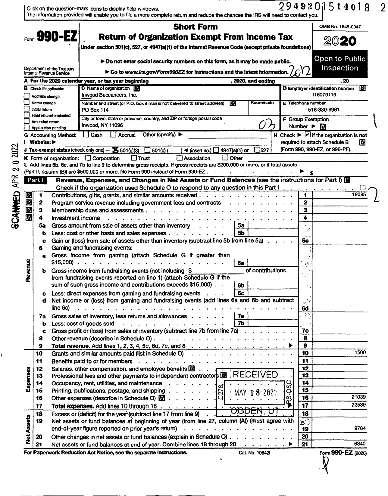 Image of first page of 2020 Form 990EZ for Inwood Buccaneers