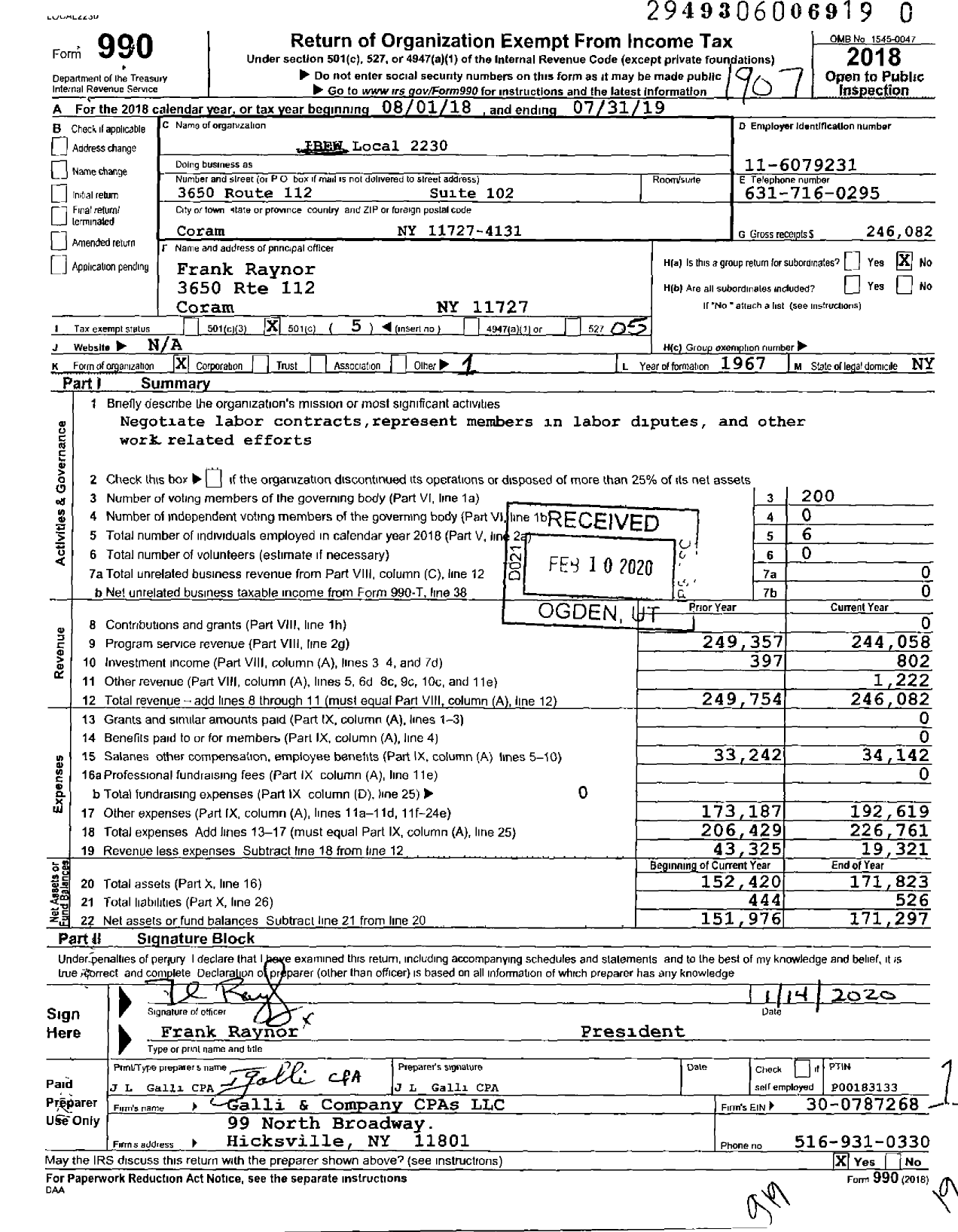 Image of first page of 2018 Form 990O for International Brotherhood of Electrical Workers - 2230 Local Union