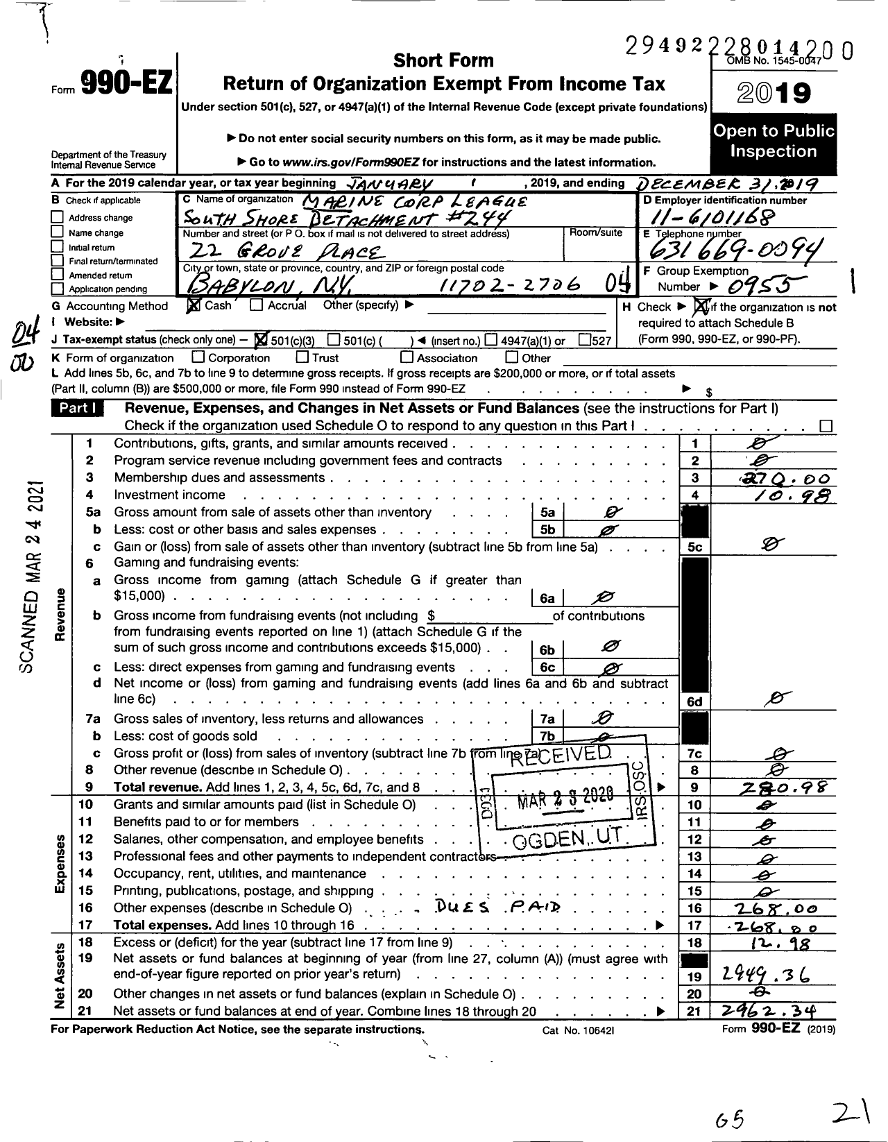 Image of first page of 2019 Form 990EO for Marine Corps League - 224 Greater Syracuse Detachment MCL