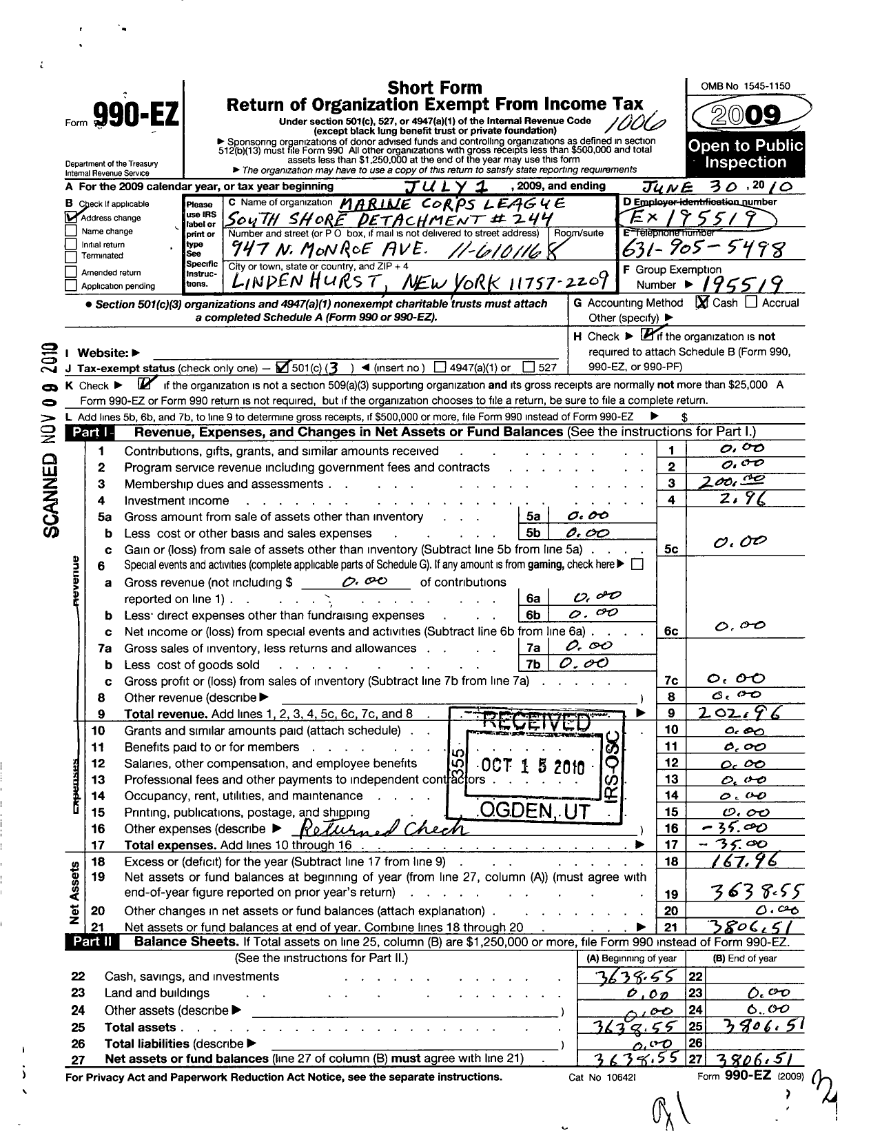 Image of first page of 2009 Form 990EZ for Marine Corps League - 224 Greater Syracuse Detachment MCL