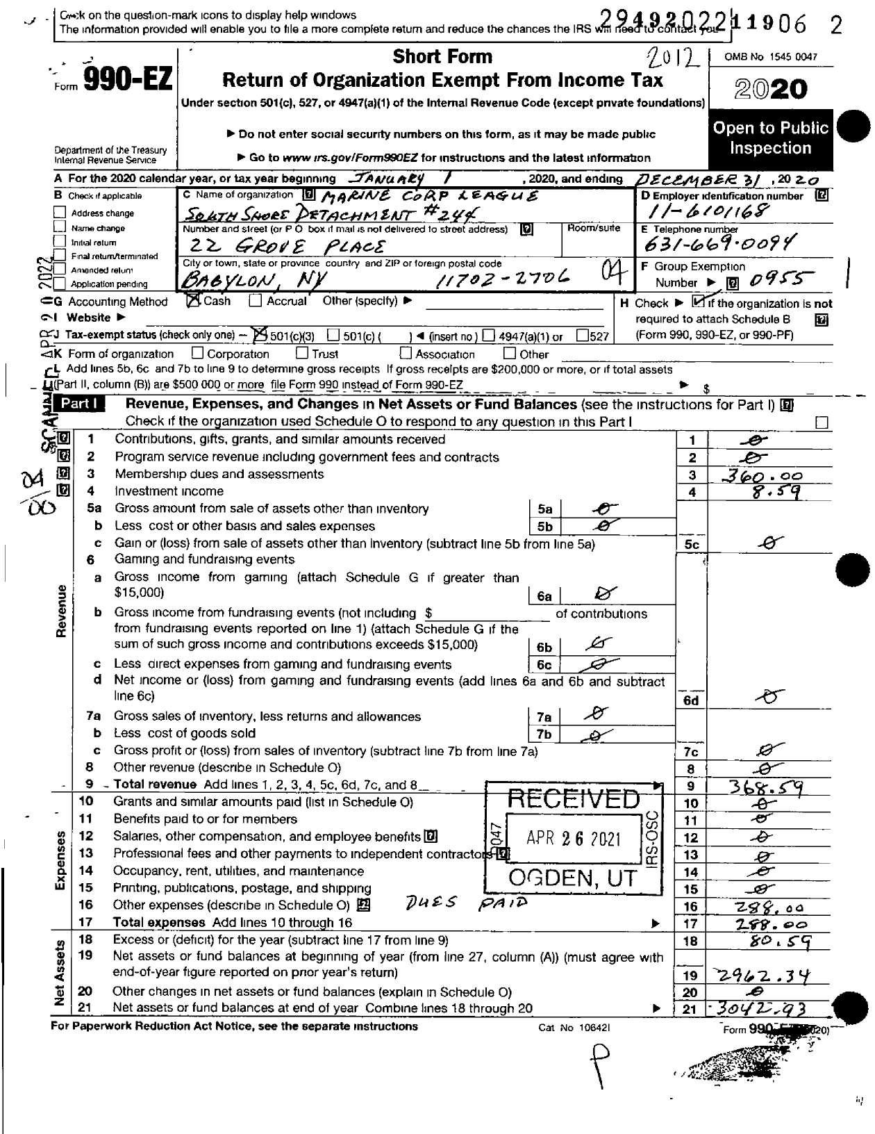 Image of first page of 2020 Form 990EO for Marine Corps League - 224 Greater Syracuse Detachment MCL