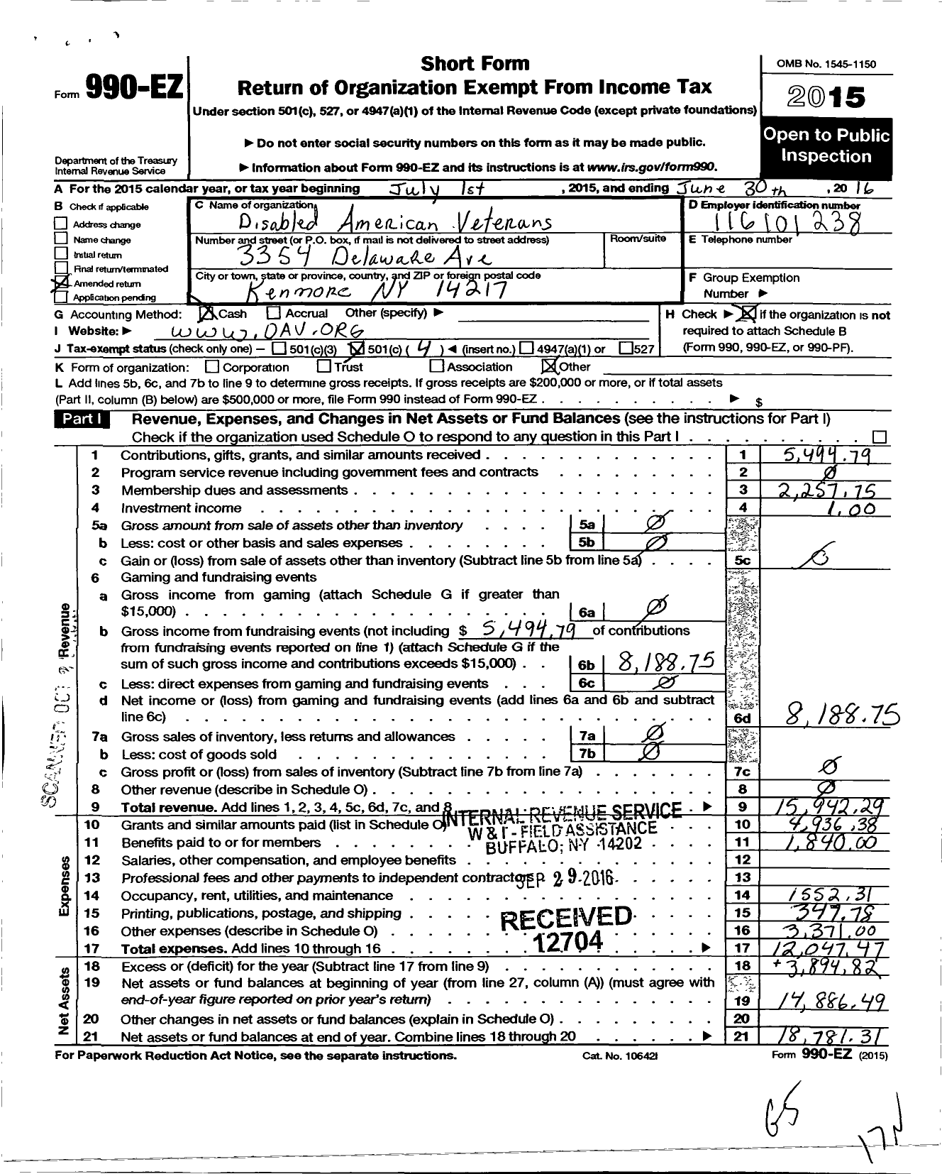 Image of first page of 2015 Form 990EO for Disabled American Veterans / 120 Roll of Honor