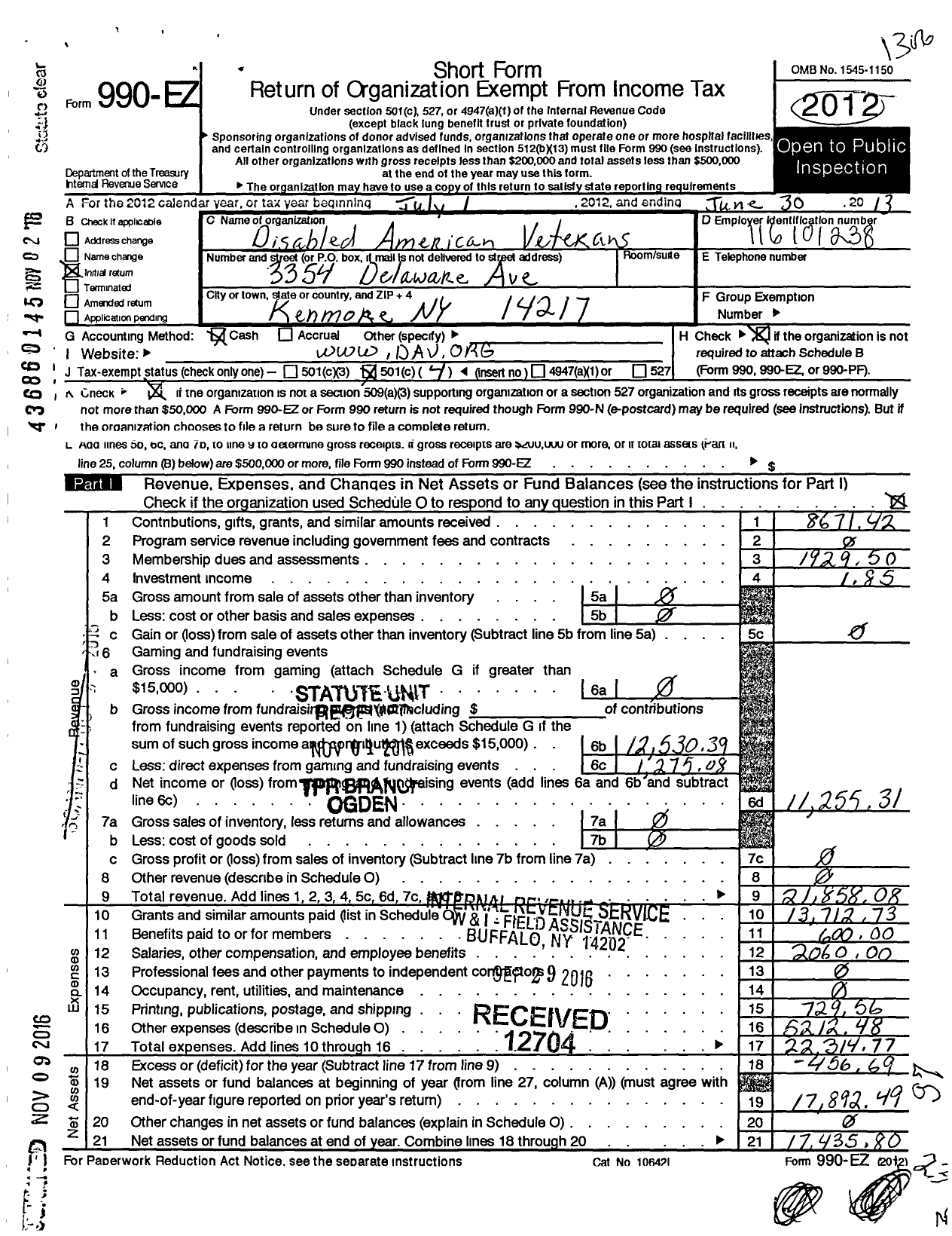 Image of first page of 2012 Form 990EO for Disabled American Veterans / 120 Roll of Honor
