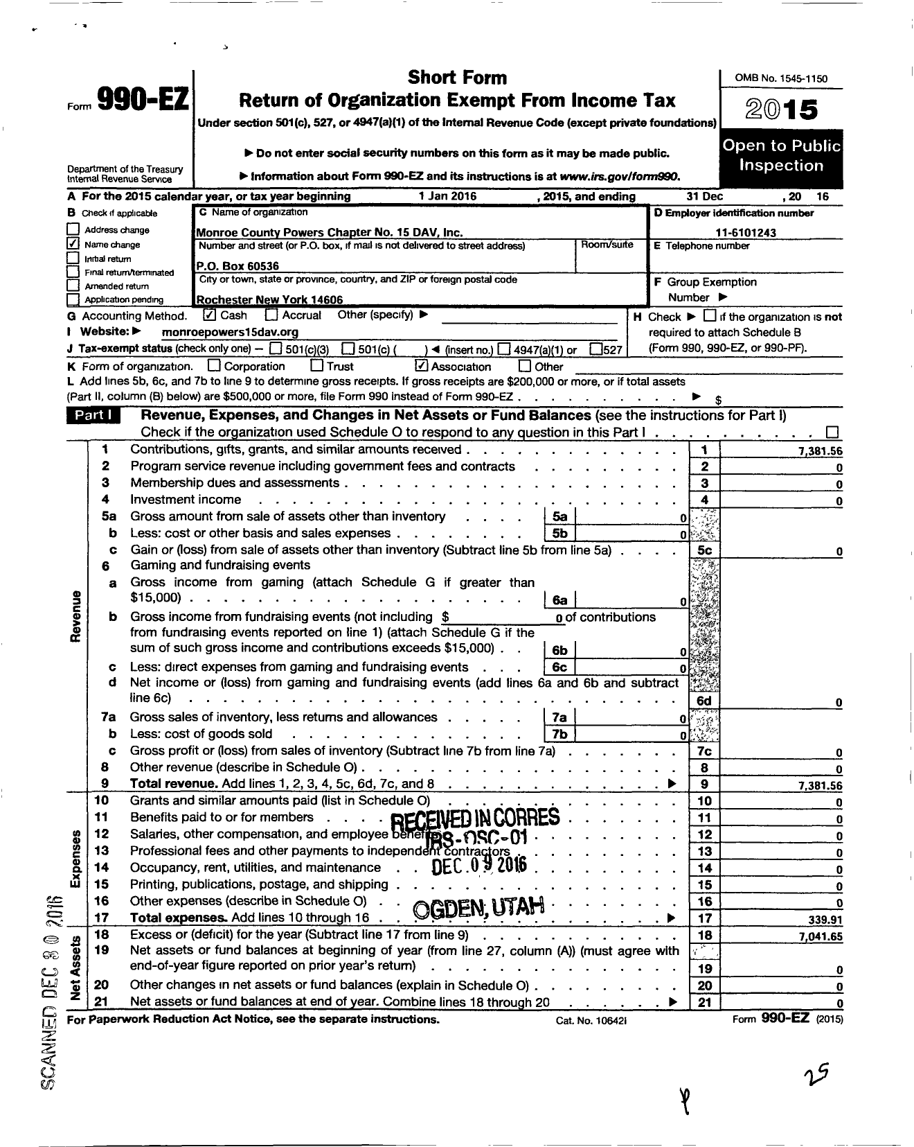 Image of first page of 2016 Form 990EO for Disabled American Veterans - 15 Monroe Powers