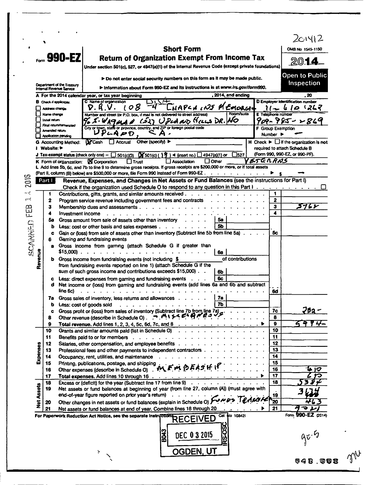 Image of first page of 2014 Form 990EO for Disabled American Veterans - 108 4 Chaplains Mem