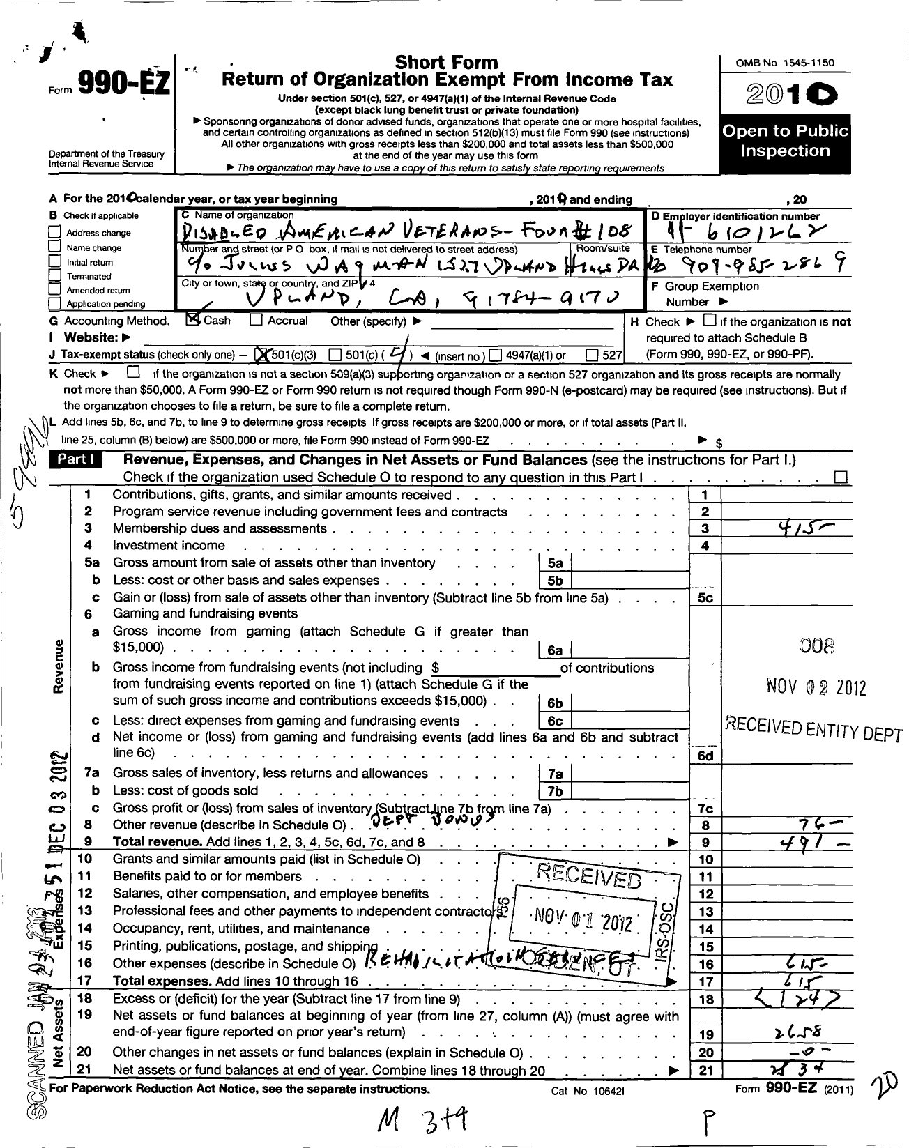 Image of first page of 2010 Form 990EO for Disabled American Veterans - 108 4 Chaplains Mem