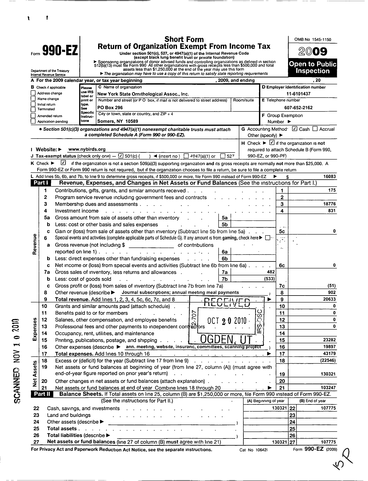 Image of first page of 2009 Form 990EO for New York State Ornithological Association