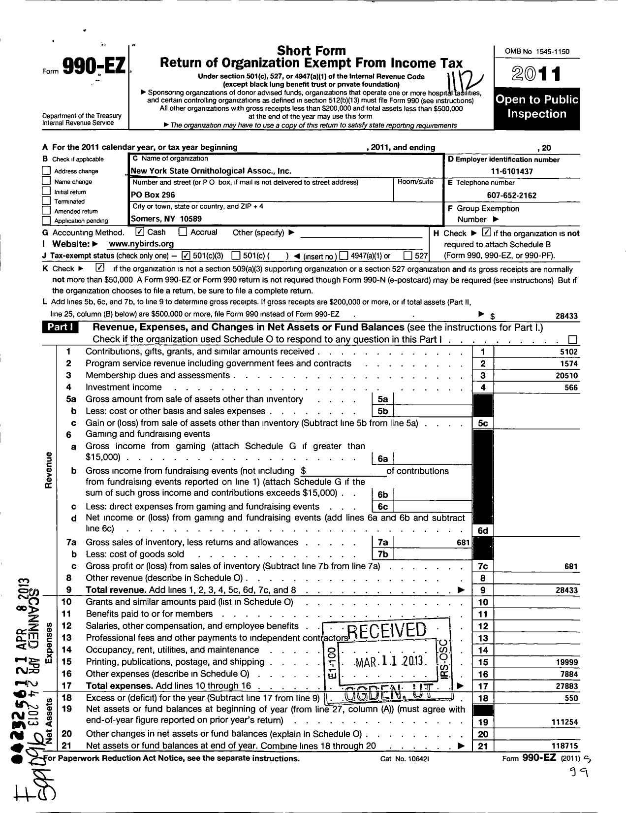 Image of first page of 2011 Form 990EZ for New York State Ornithological Association