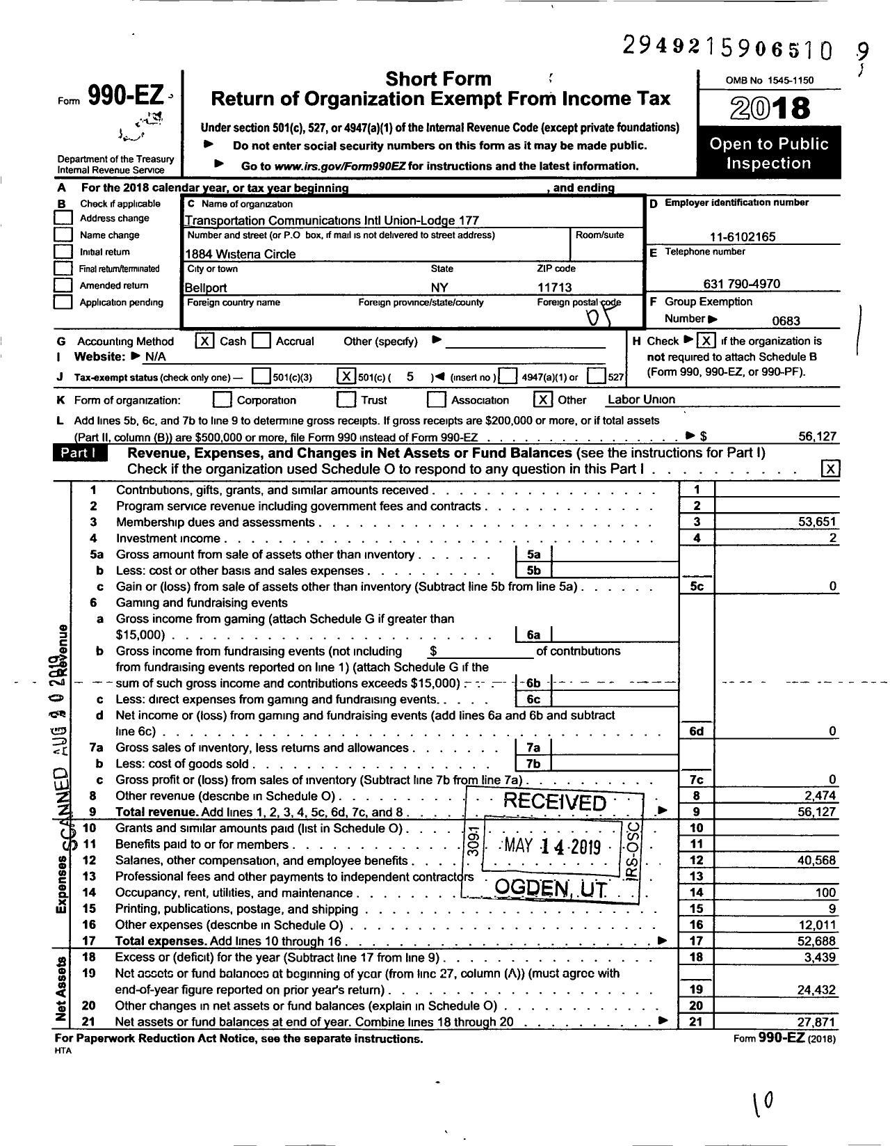 Image of first page of 2018 Form 990EO for Transportation-Communications Union / T177 Lodge