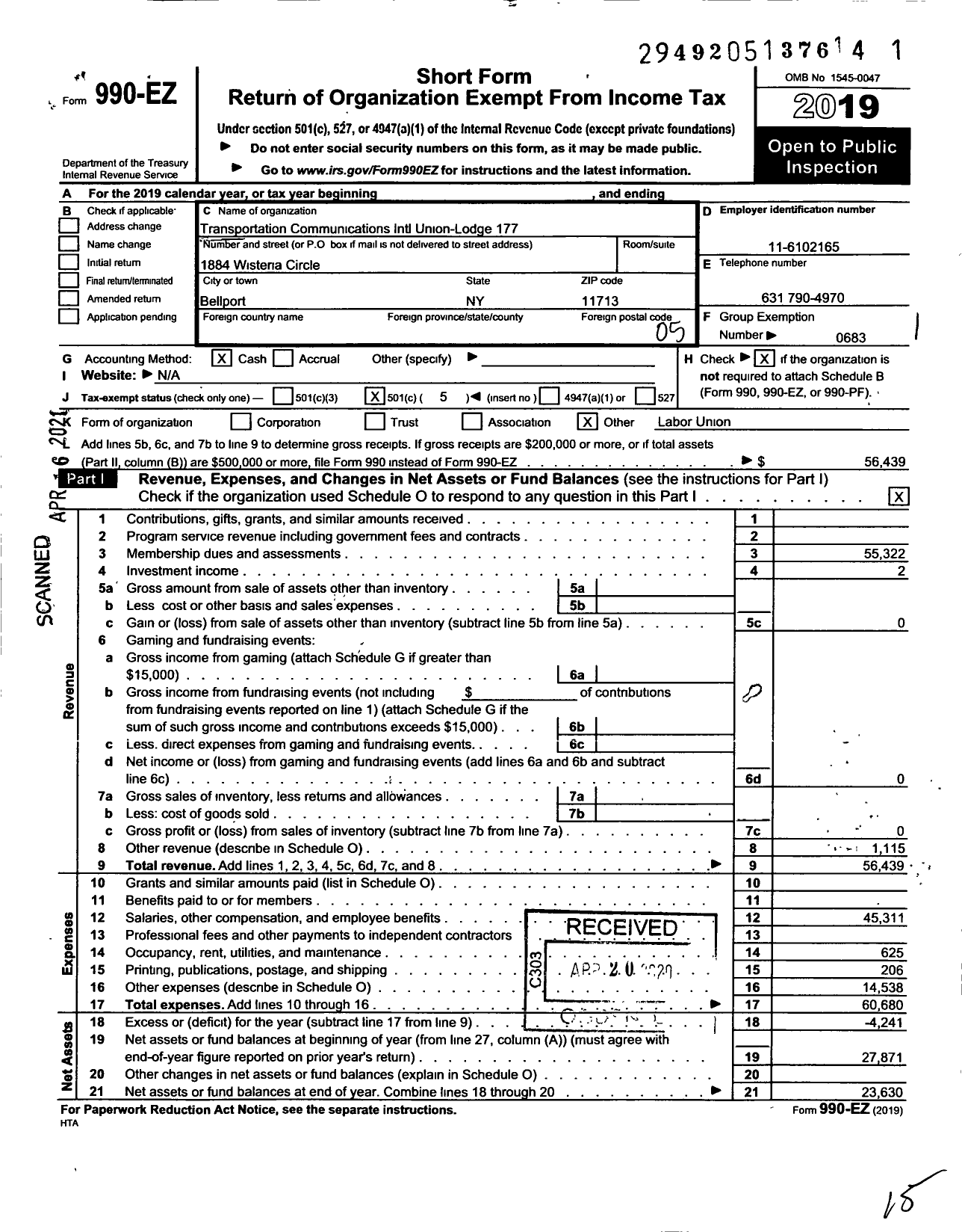 Image of first page of 2019 Form 990EO for Transportation-Communications Union / T177 Lodge