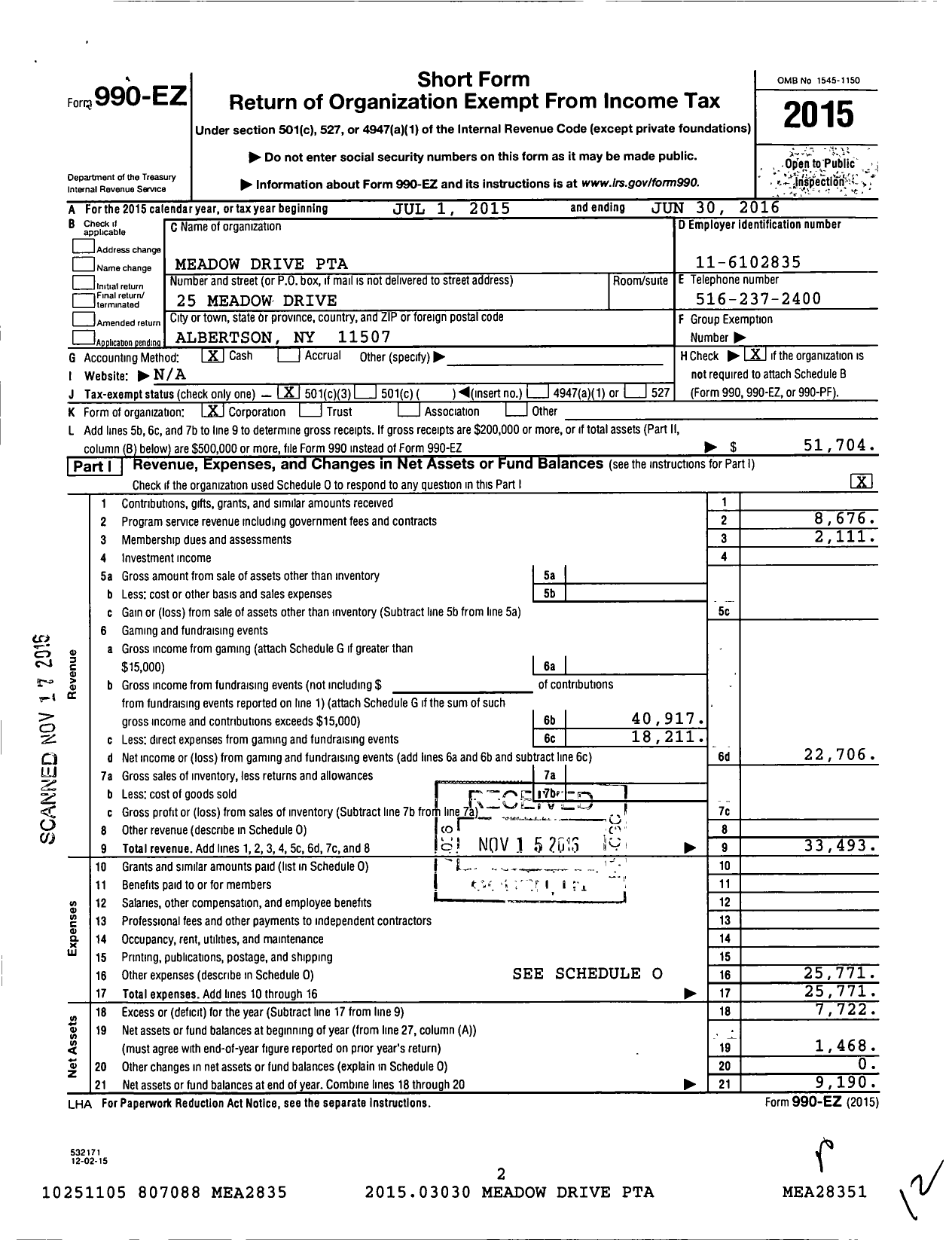 Image of first page of 2015 Form 990EZ for New York State PTA - 10-376 Meadow Drive PTA