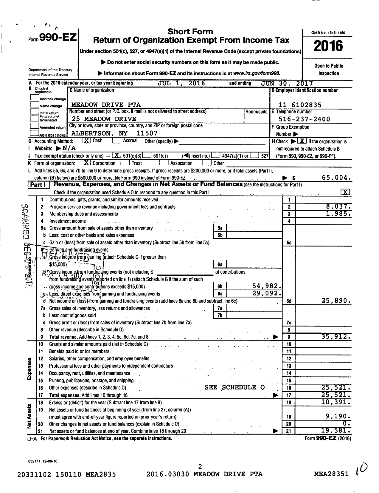 Image of first page of 2016 Form 990EZ for New York State PTA - 10-376 Meadow Drive PTA