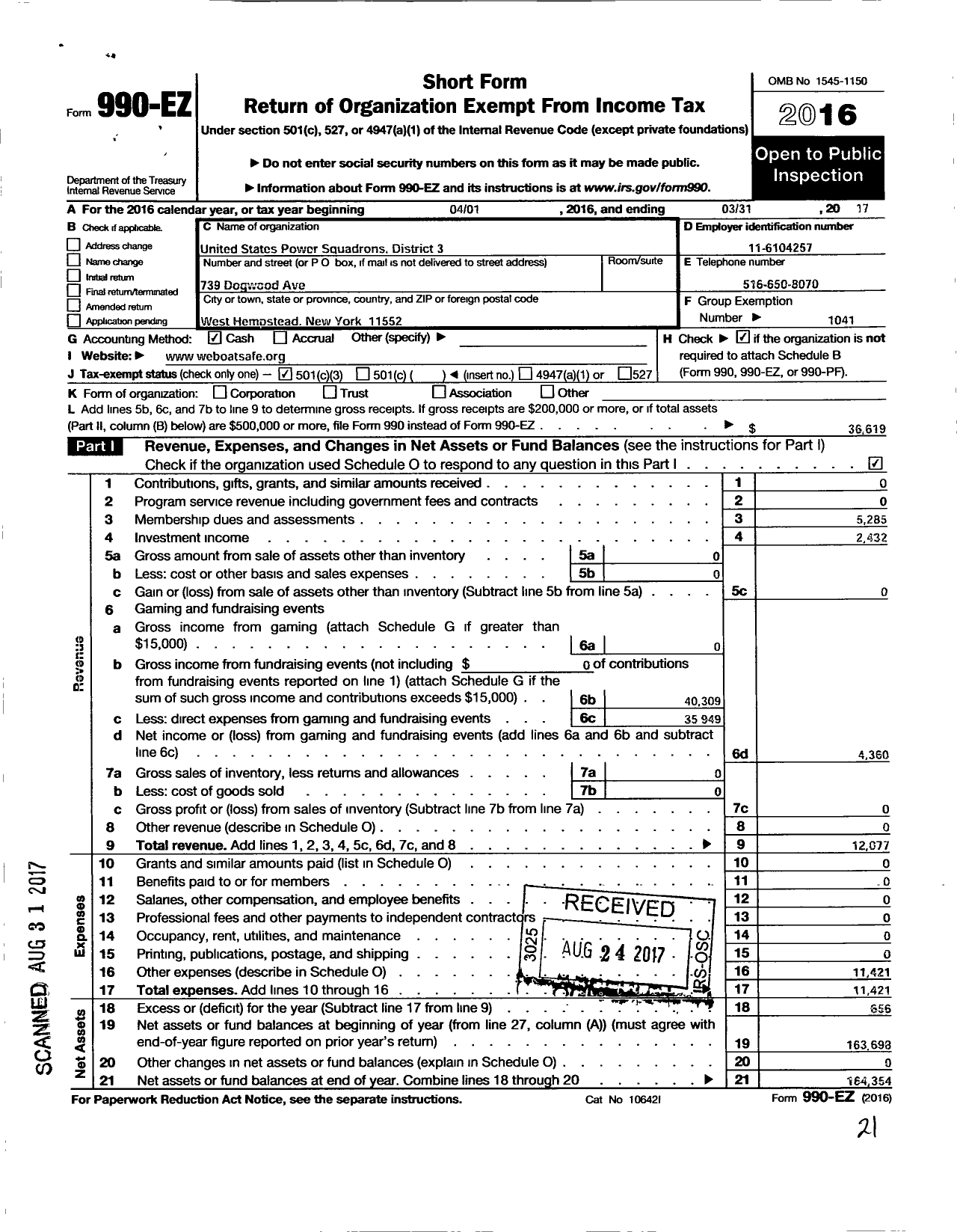 Image of first page of 2016 Form 990EZ for United States Power Squadrons - District 3