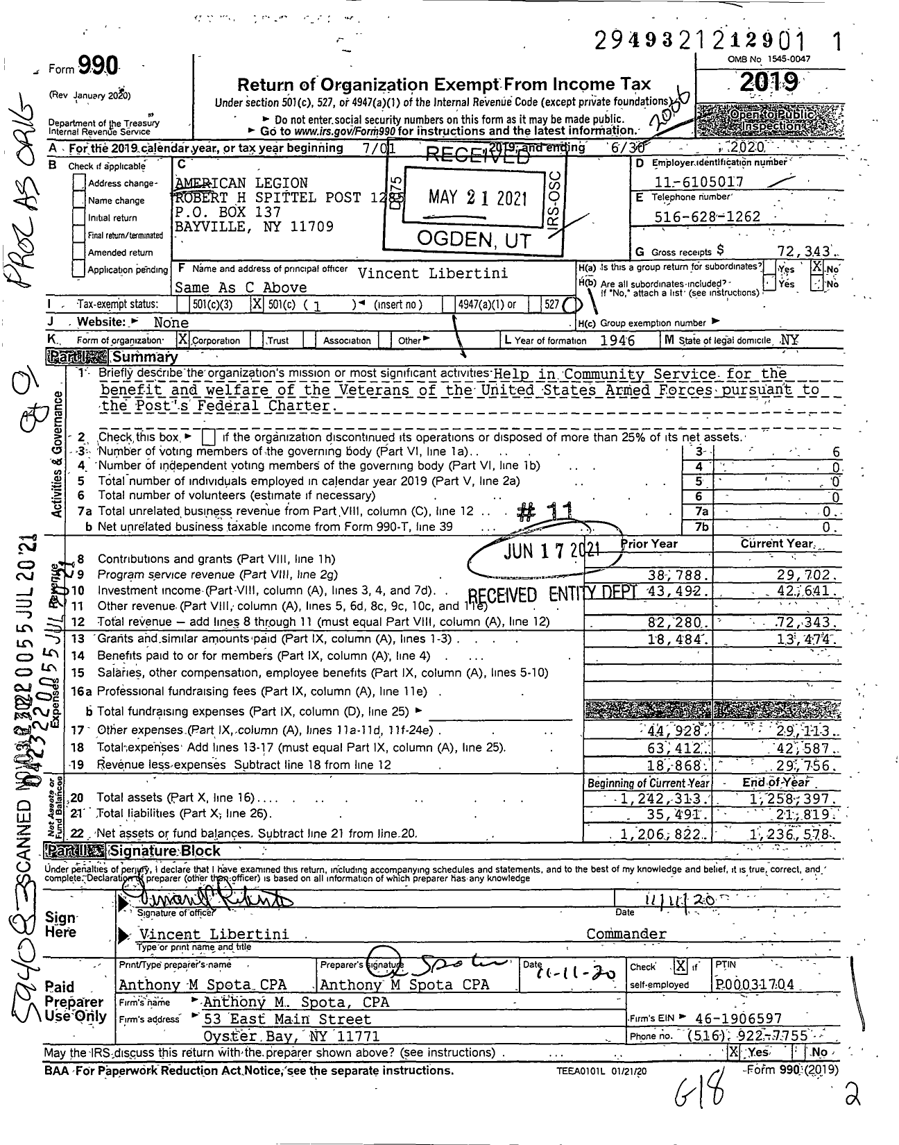 Image of first page of 2019 Form 990O for AMERICAN LEGION - 1285 robert M spittel