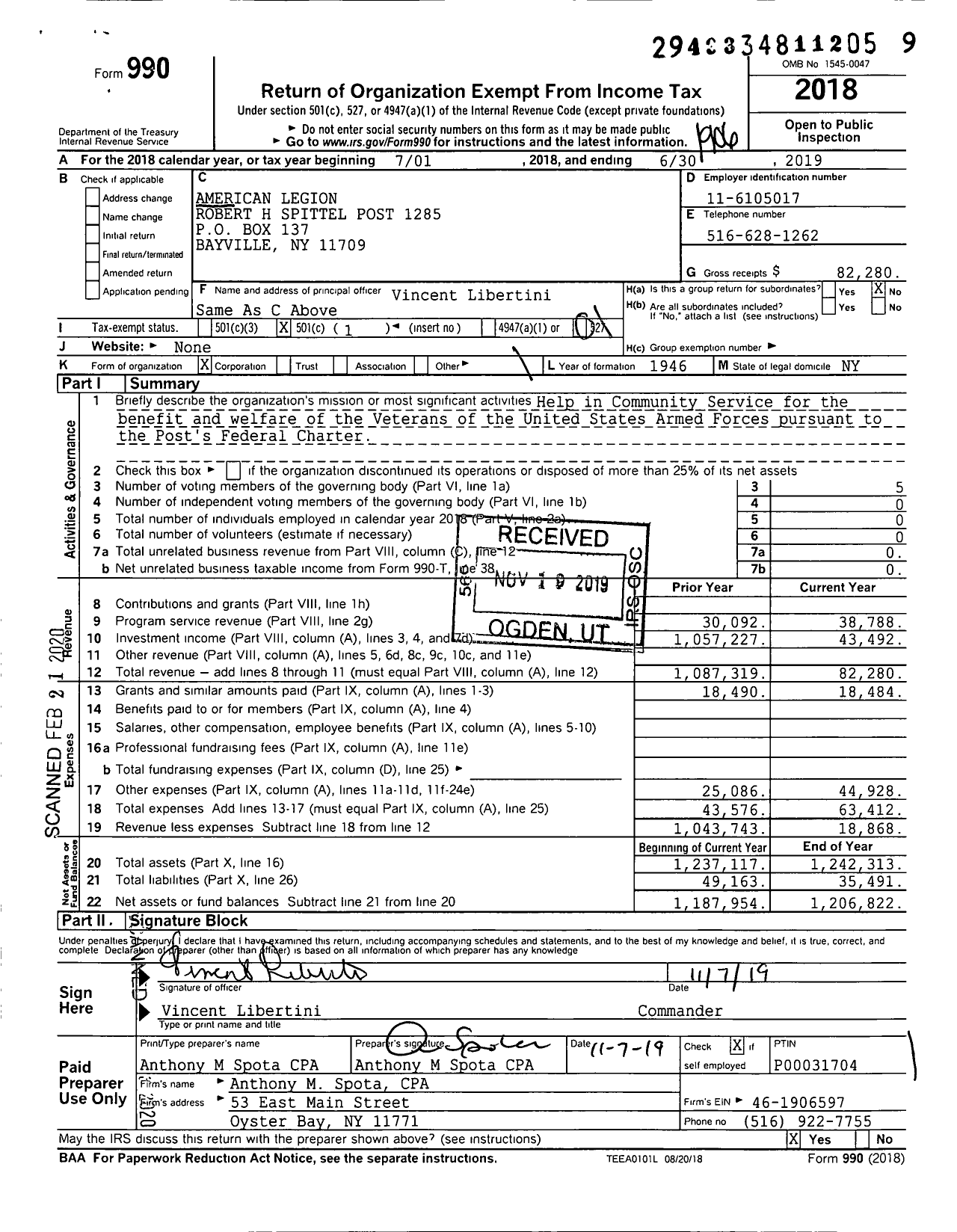 Image of first page of 2018 Form 990O for AMERICAN LEGION - 1285 robert M spittel