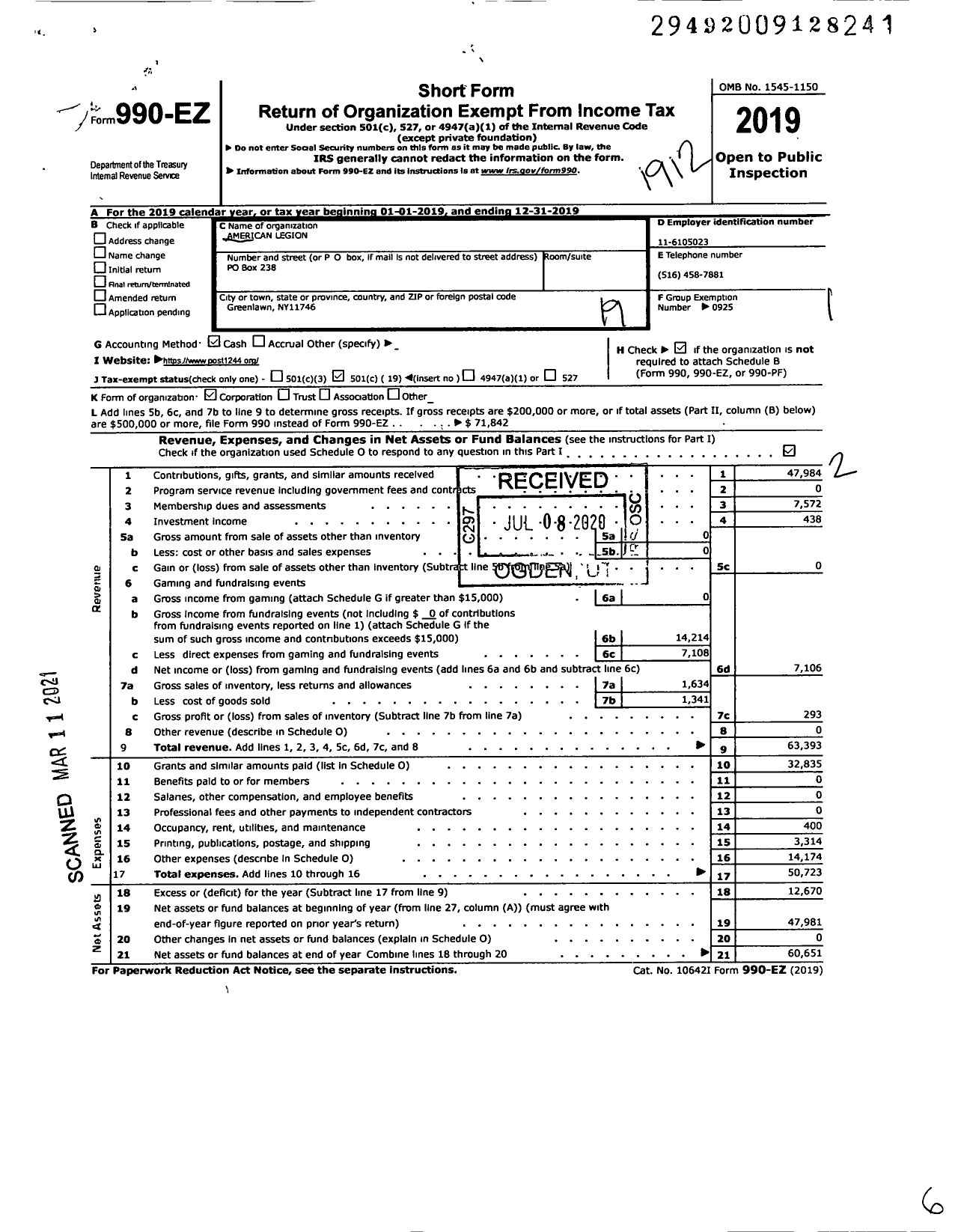 Image of first page of 2019 Form 990EO for American Legion - 1244 Greenlawn