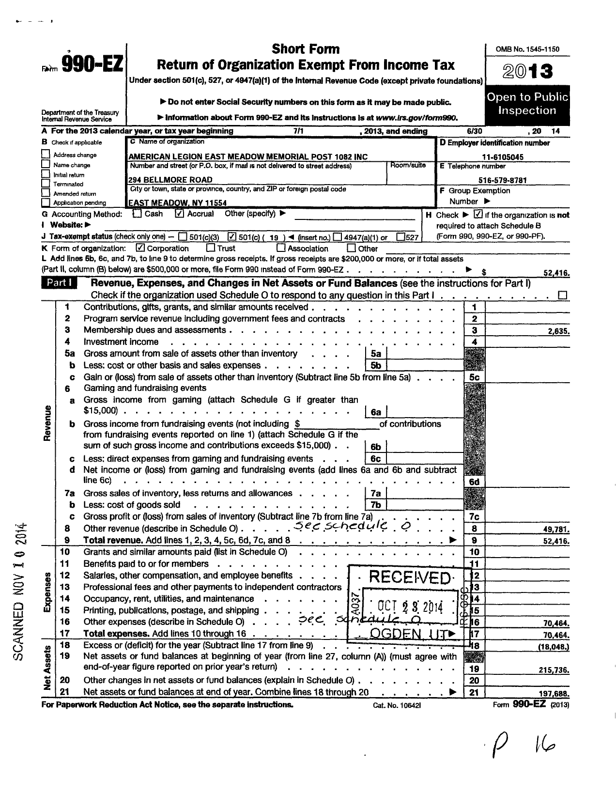 Image of first page of 2013 Form 990EO for American Legion East Meadow Memorial Post 1082