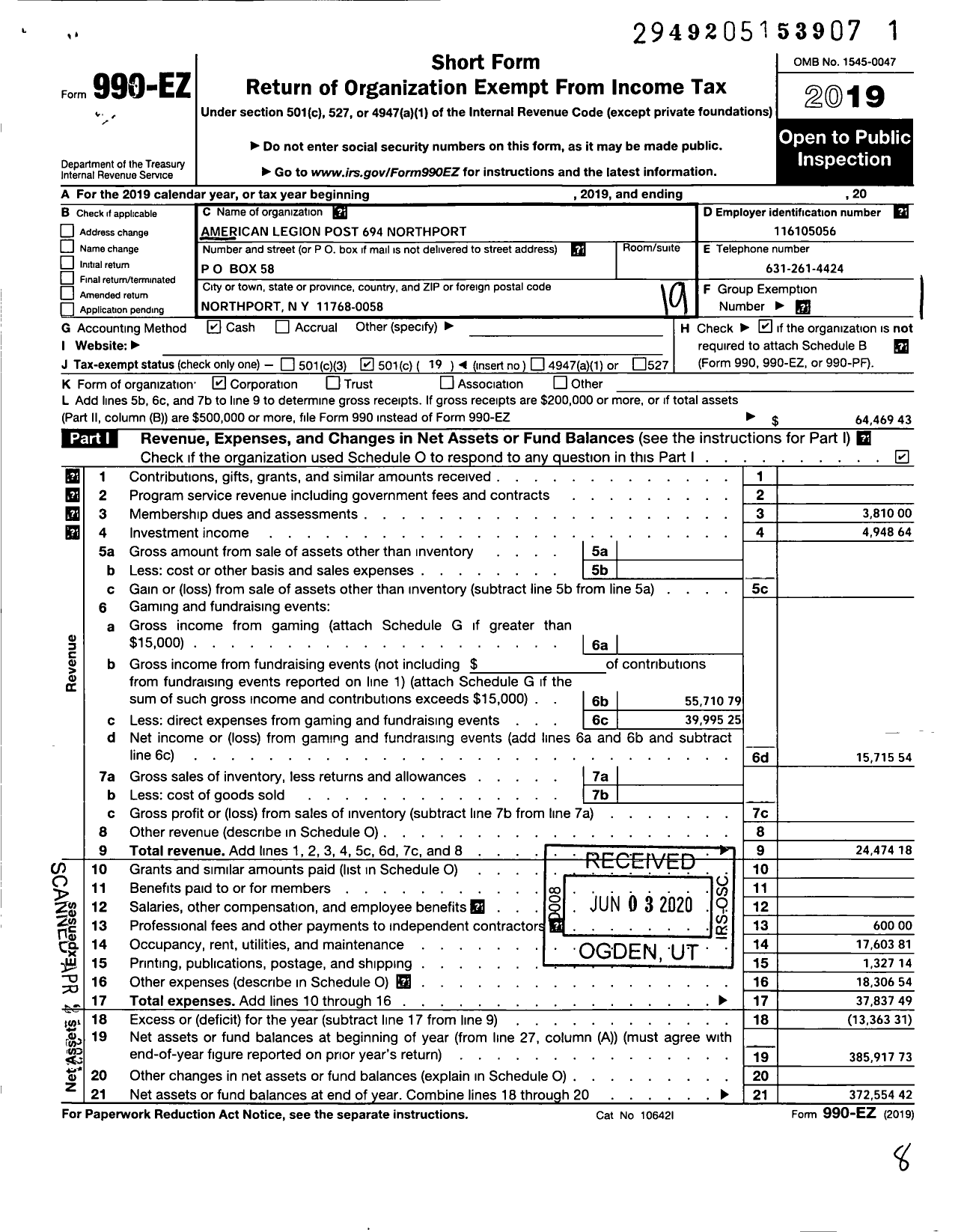 Image of first page of 2019 Form 990EO for American Legion - 694 Northport