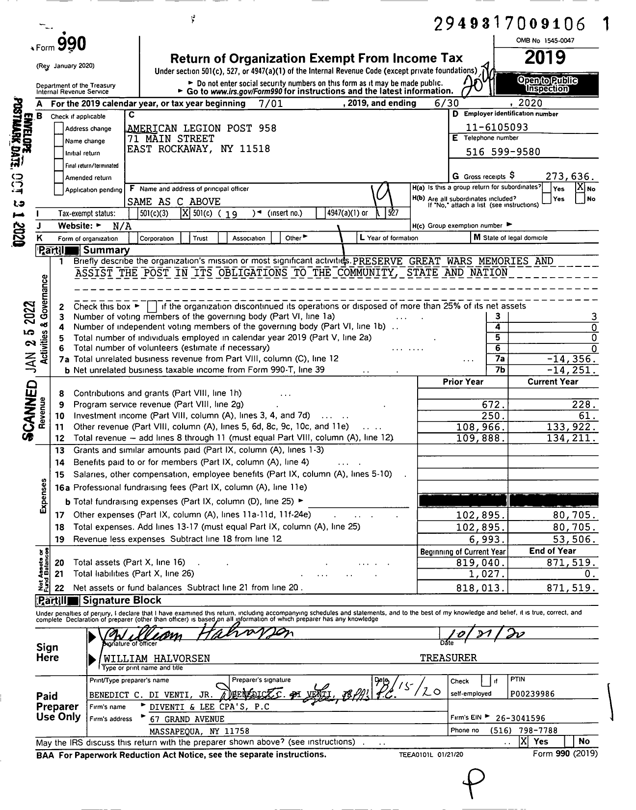 Image of first page of 2019 Form 990O for American Legion - 0958 East Rockaway